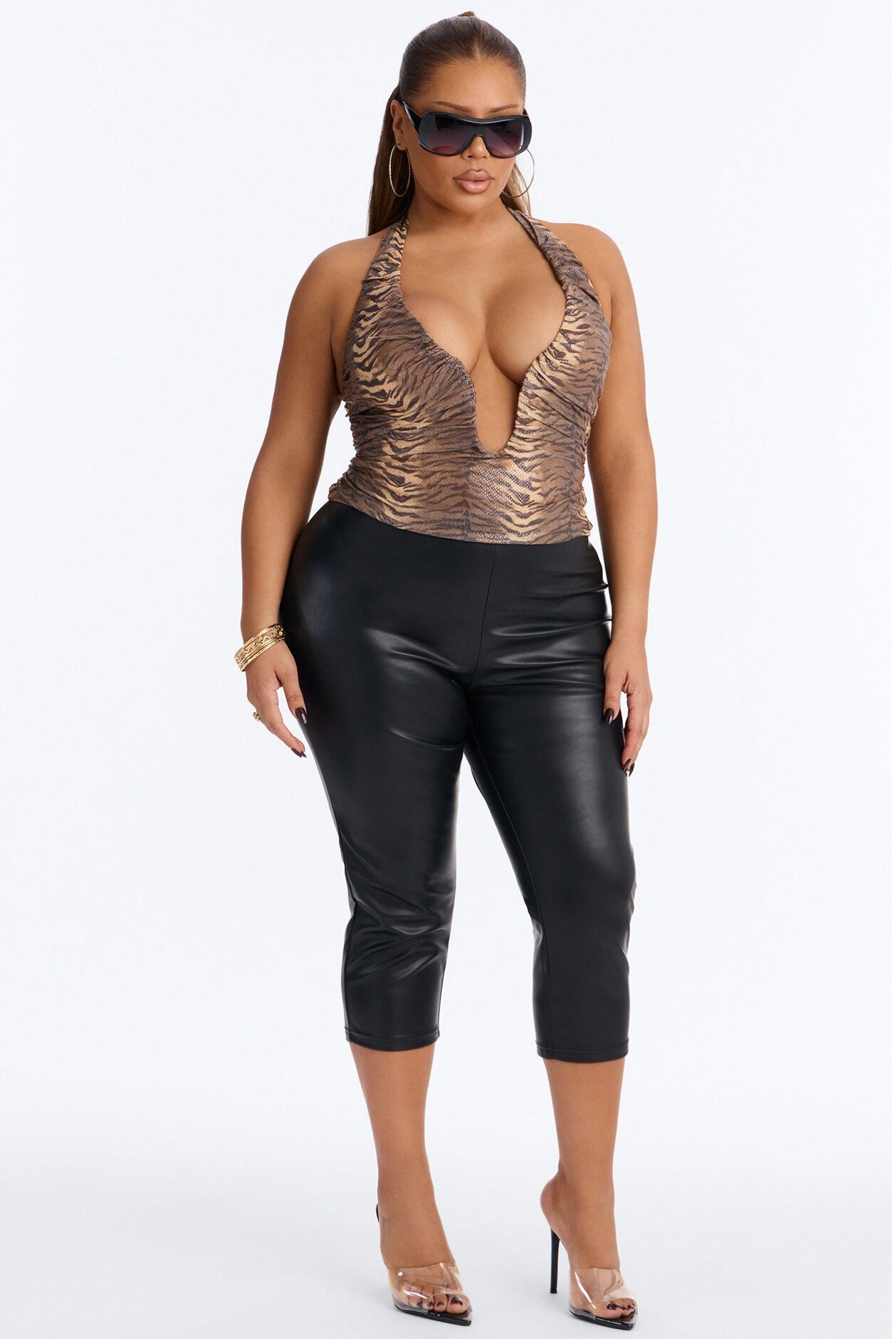 Exotic Babe Deep V Neck Halter Top - Brown/combo