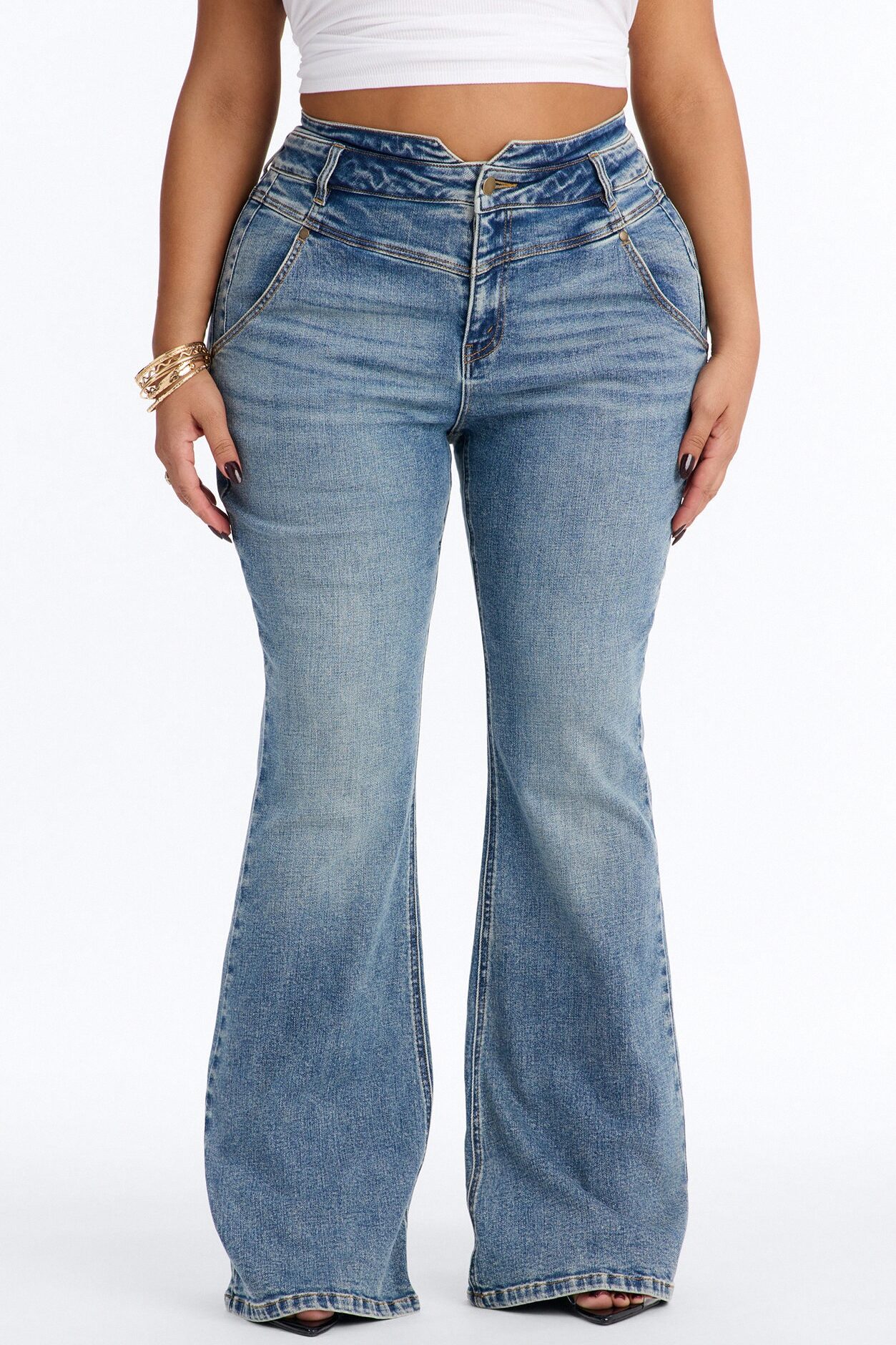 Split Second High Rise Stretch Flare Leg Jeans - Medium Wash