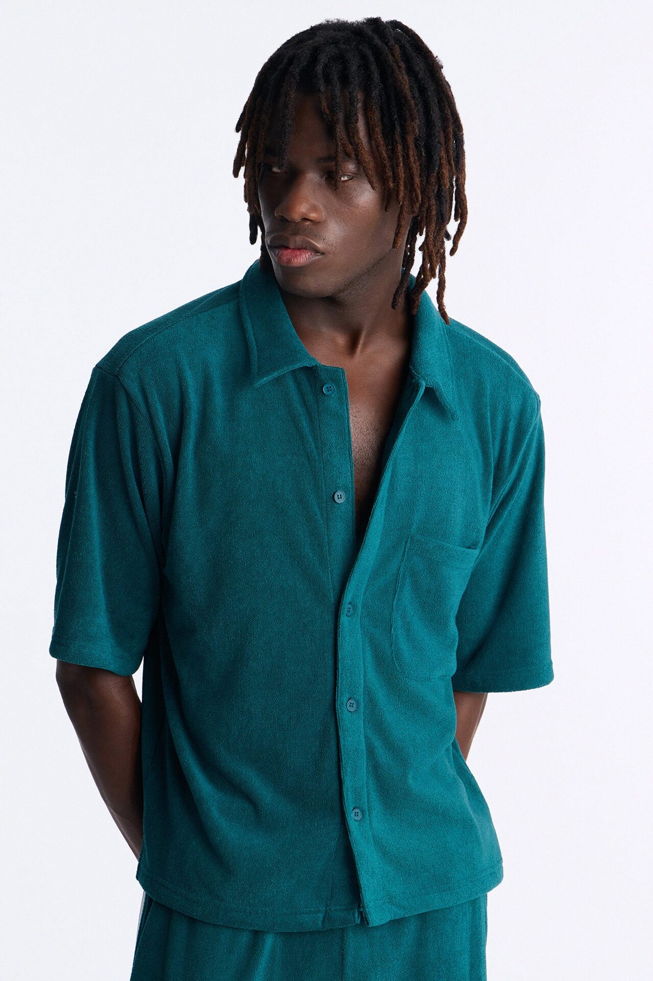 Classic Terry Cloth Button Up Shirt - Teal