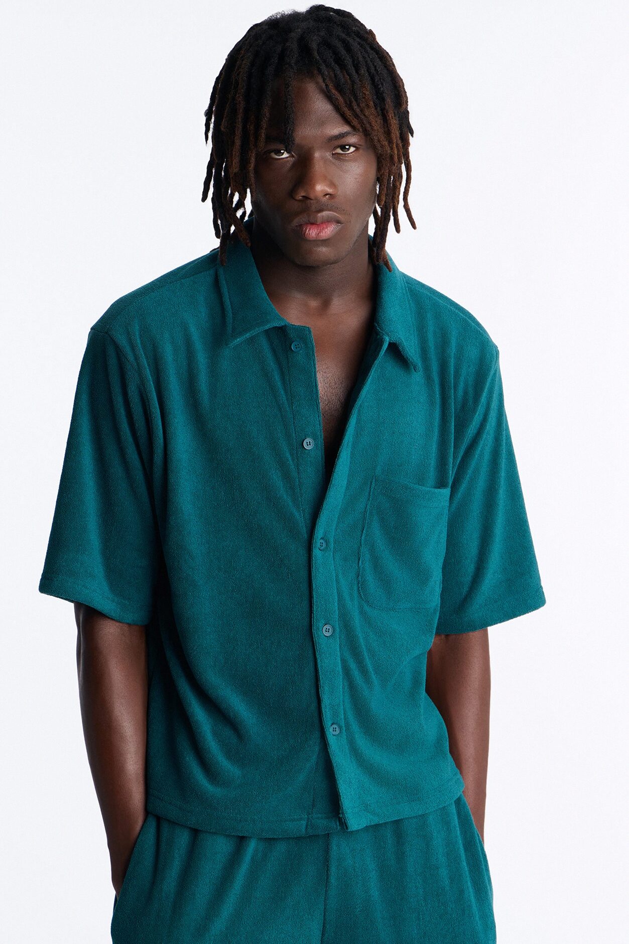 Classic Terry Cloth Button Up Shirt - Teal