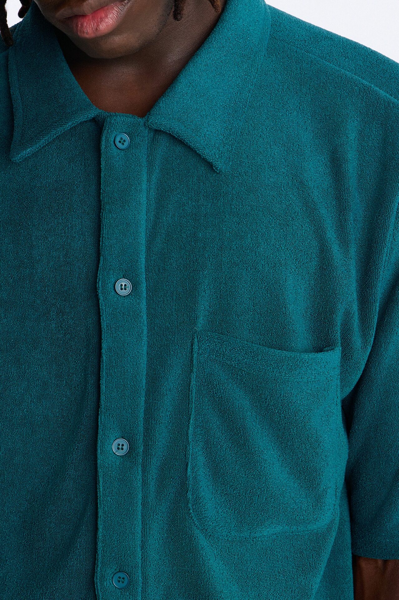 Classic Terry Cloth Button Up Shirt - Teal