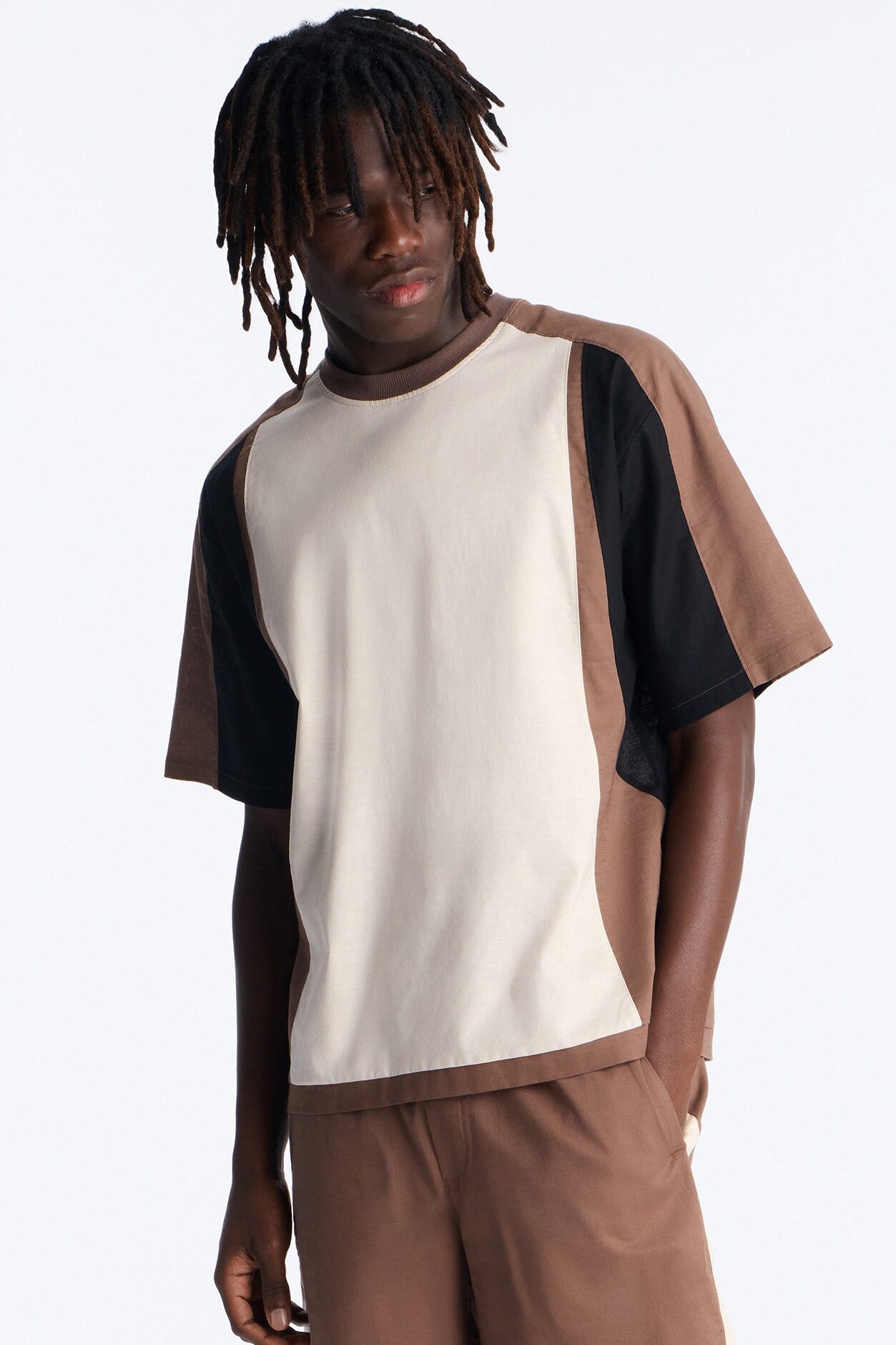 Basic Color Block Short Sleeve Tee - Brown/combo