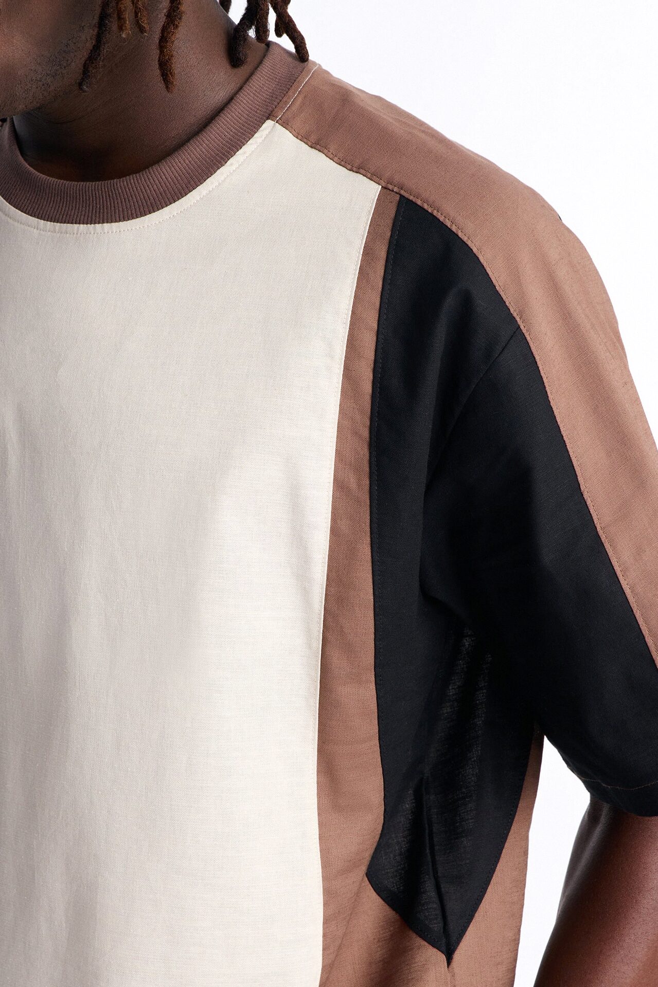 Basic Color Block Short Sleeve Tee - Brown/combo