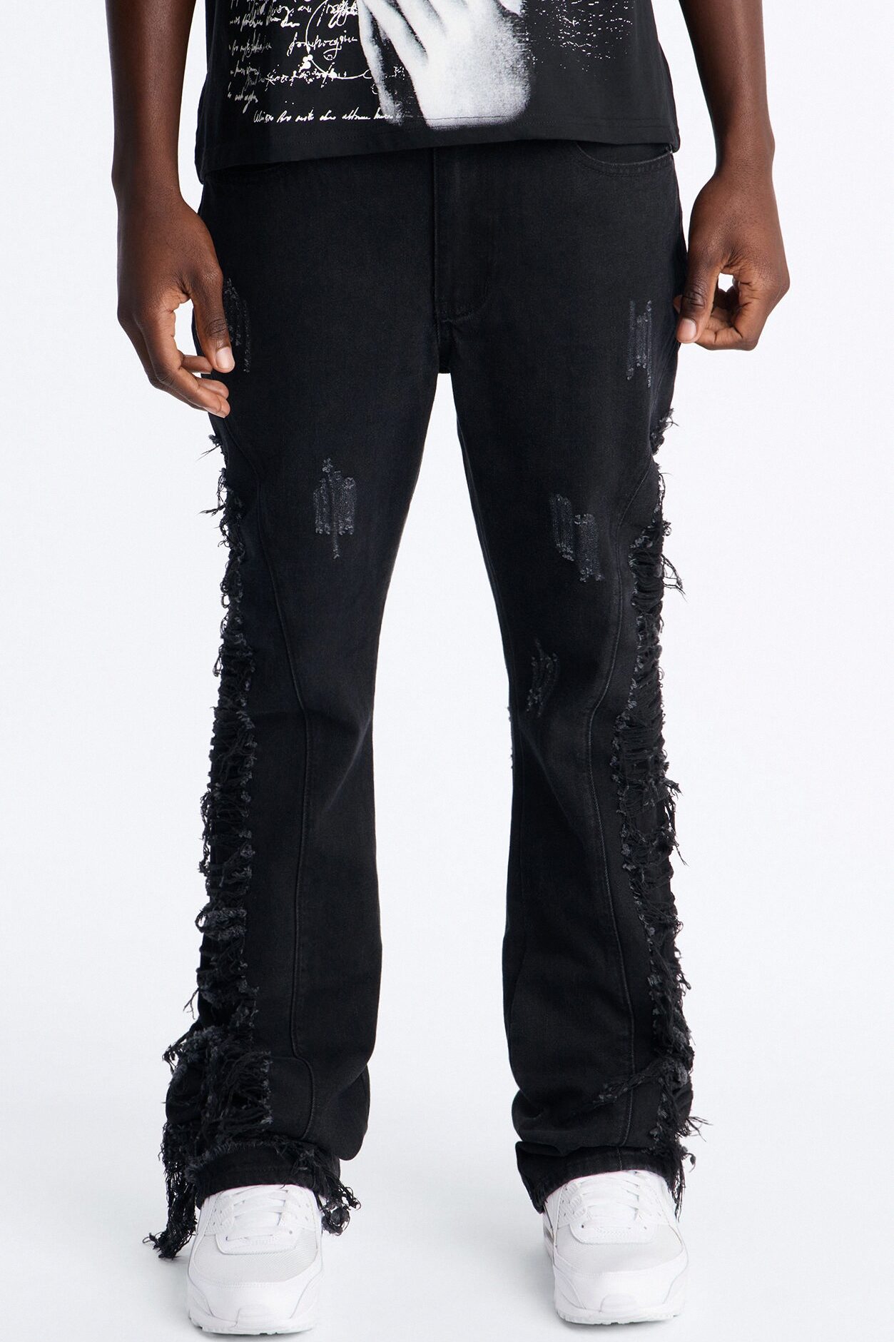 Stacked Slim Flare Slashed Down Jean - Black Wash