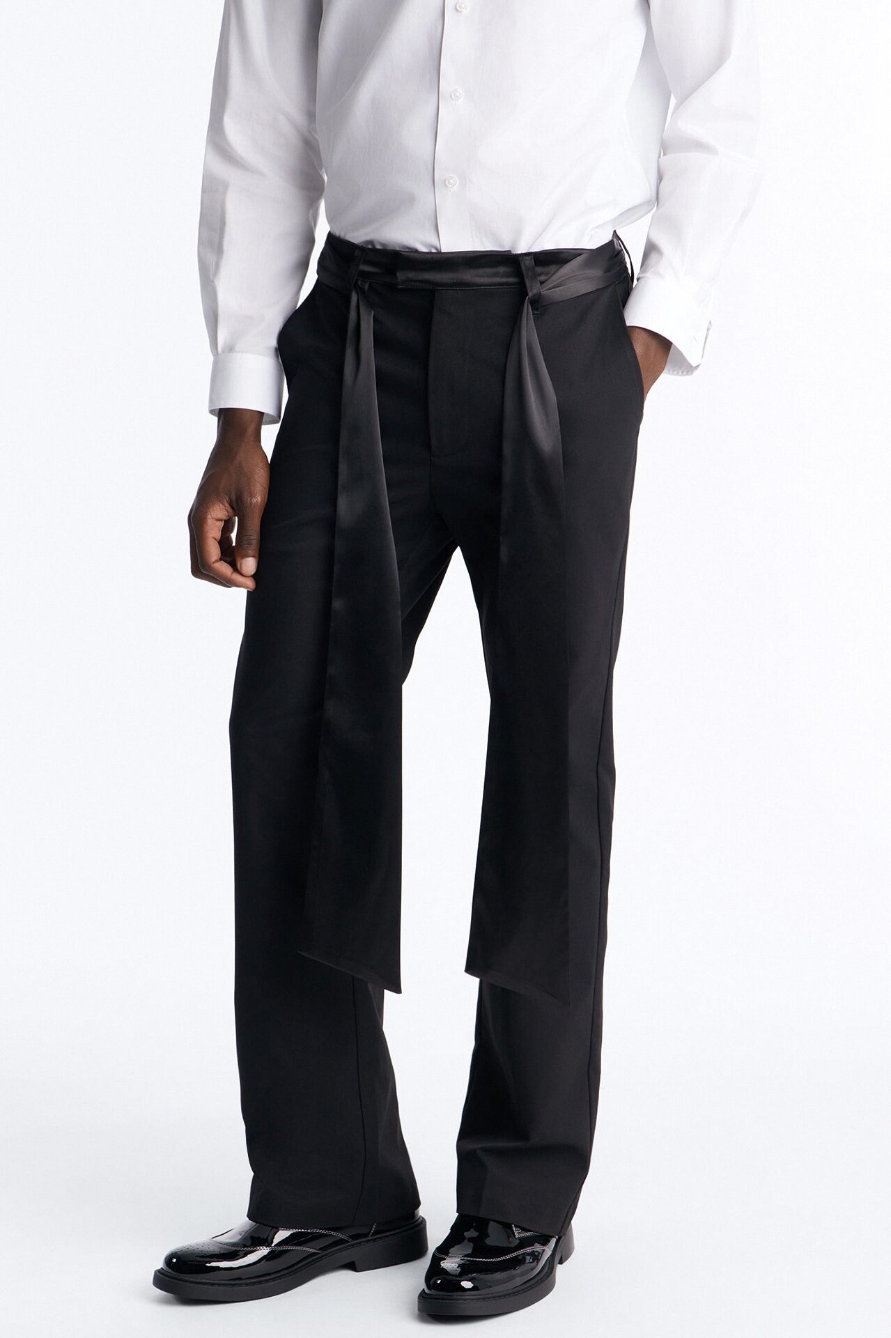 Satin Wrapped Waistband Straight Flare Trouser - Black