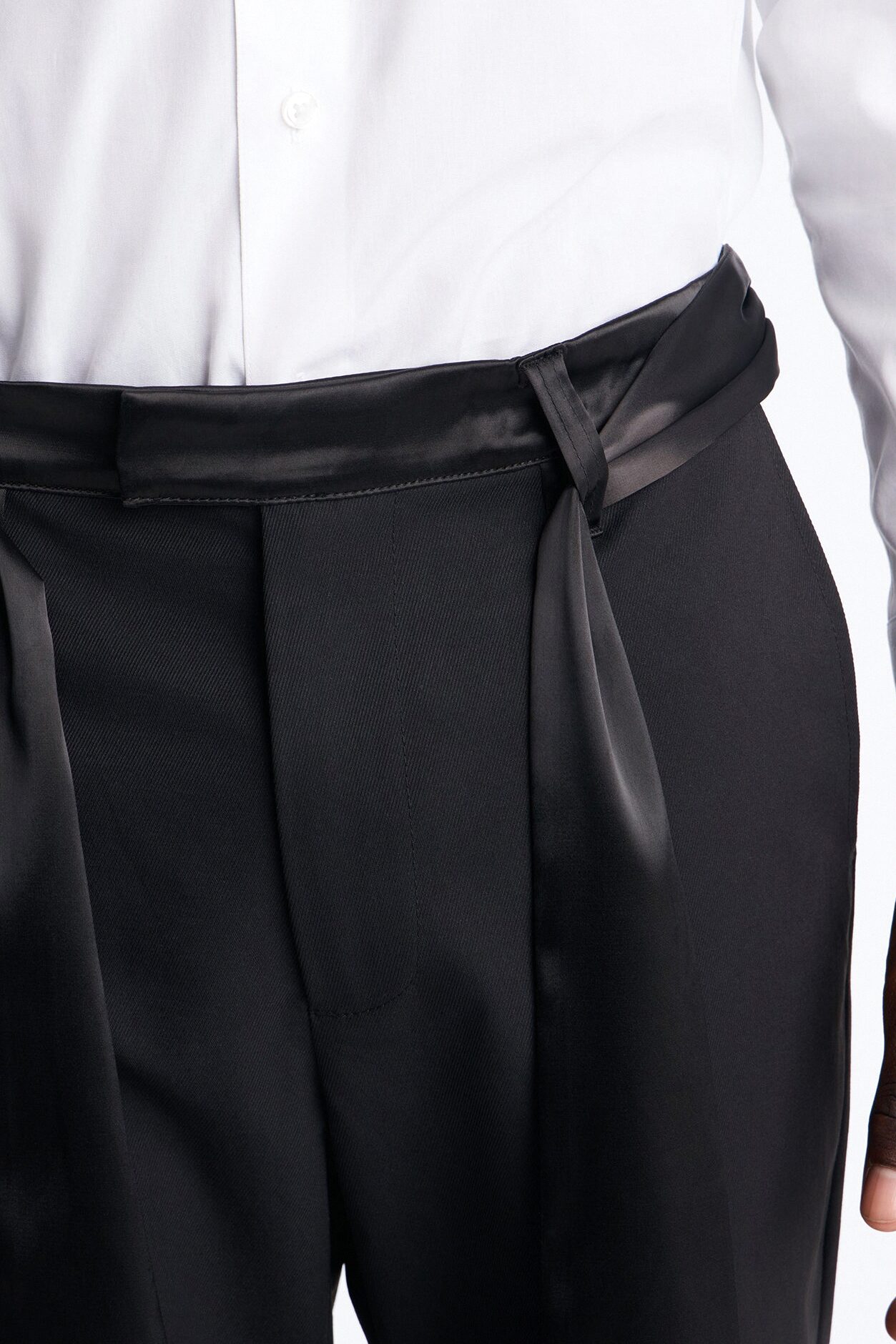 Satin Wrapped Waistband Straight Flare Trouser - Black