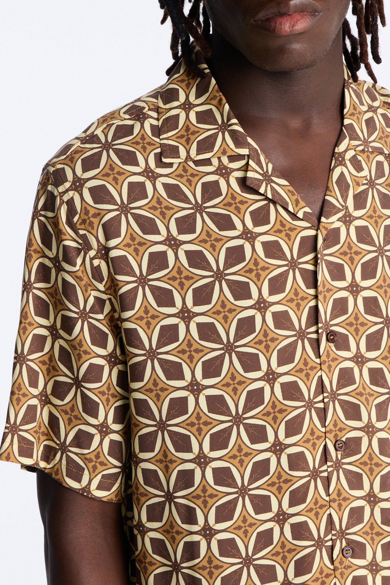 Relaxed Oxalis Cuban Collar Button Up Shirt - Brown/combo