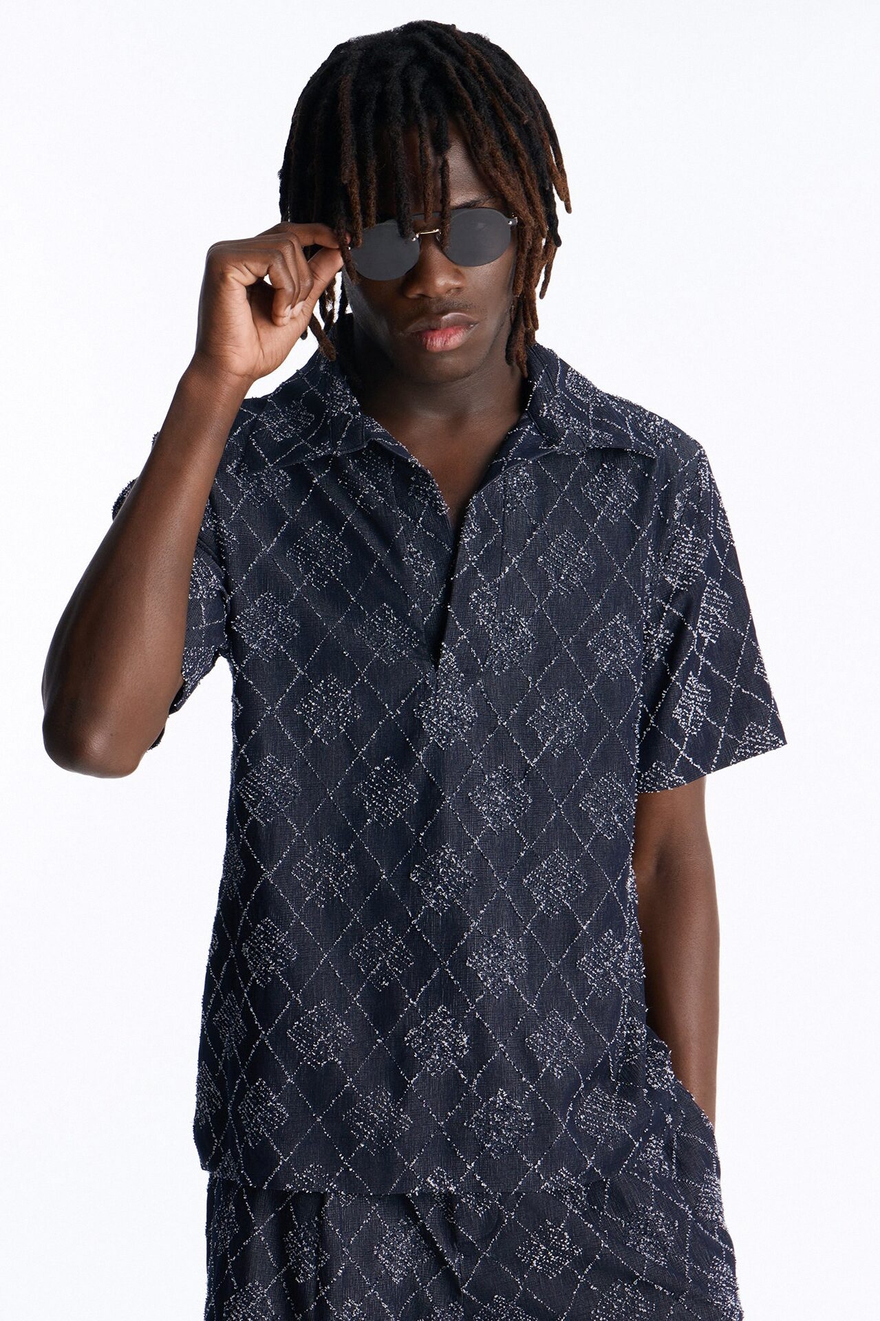 Diamond Frayed Jacquard Polo - Navy