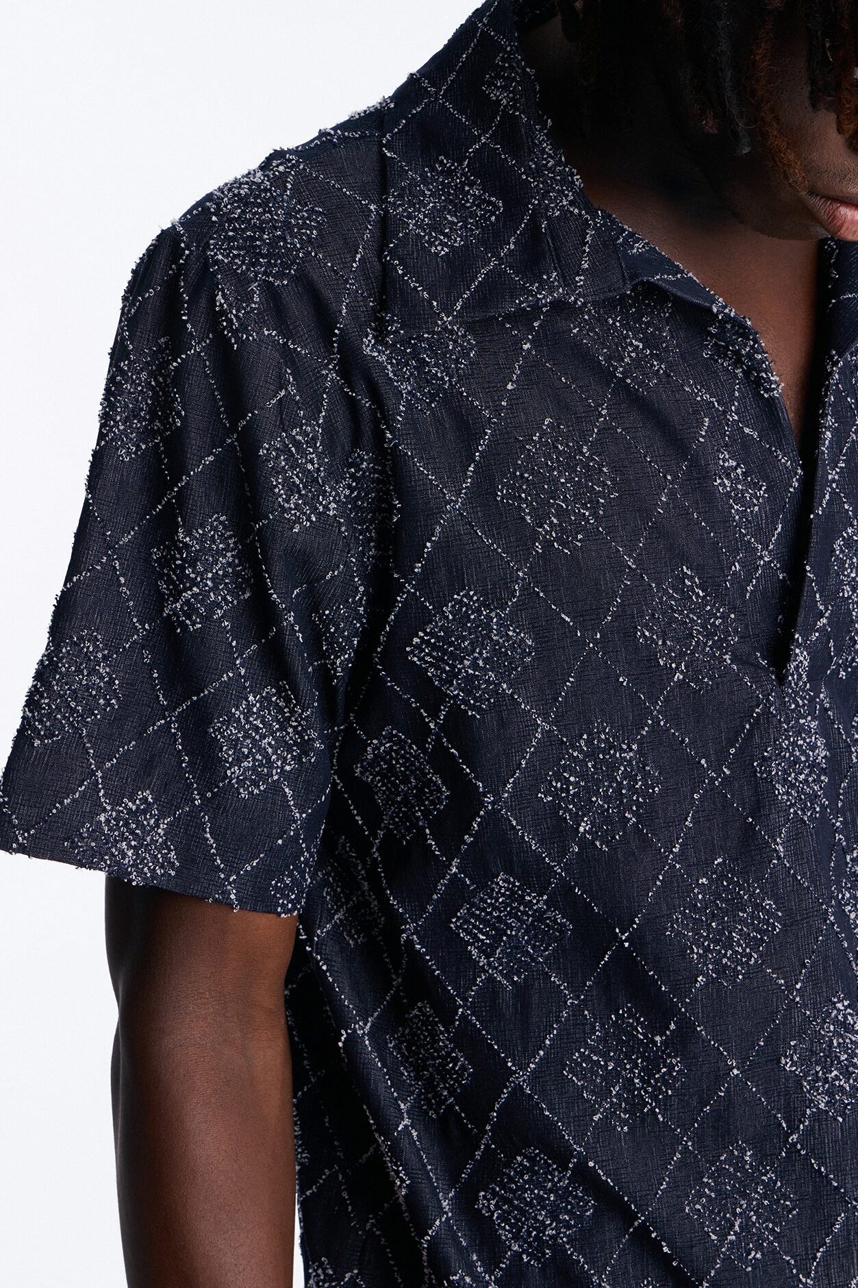 Diamond Frayed Jacquard Polo - Navy