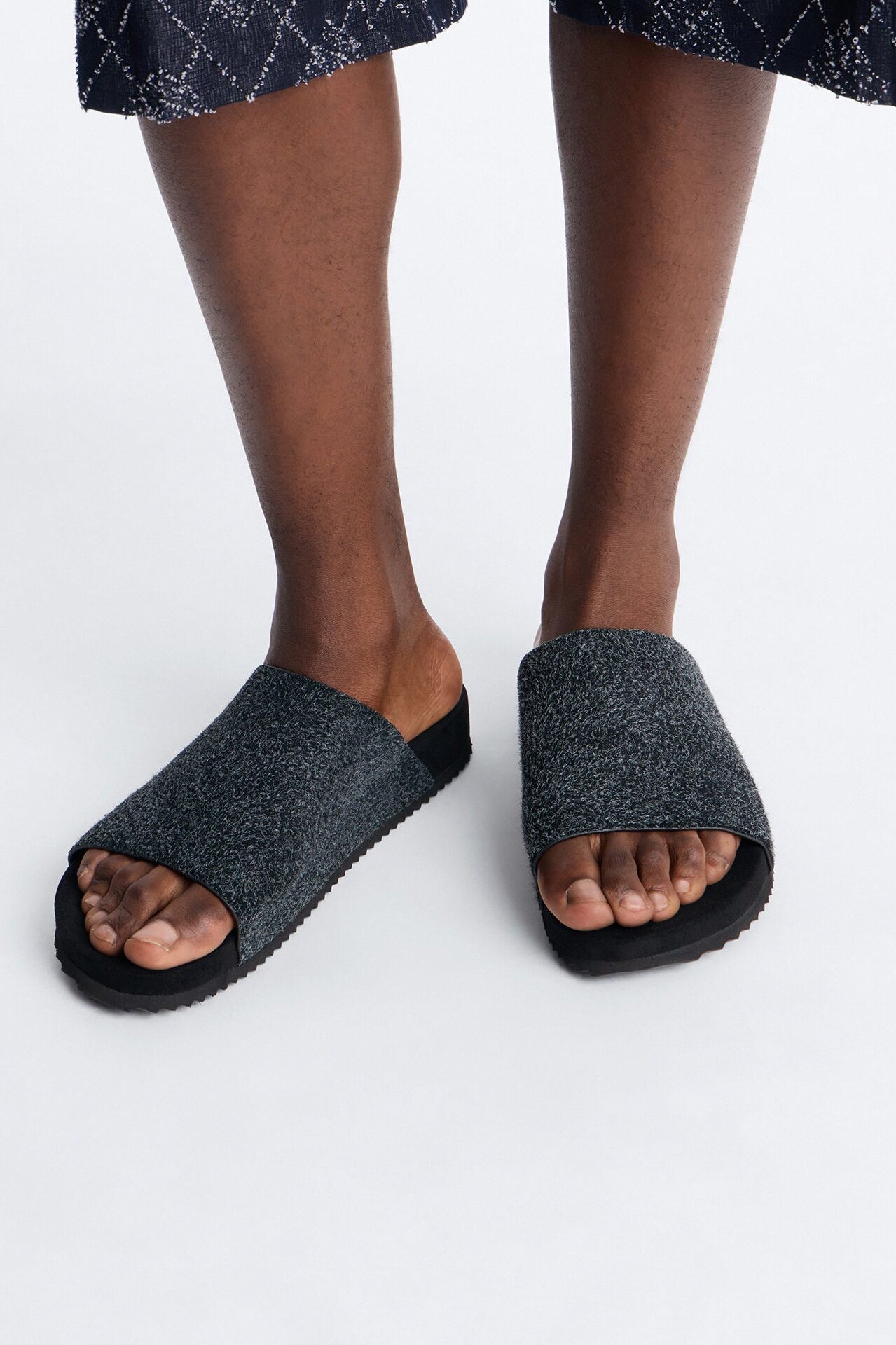 Genuine Suede Textured Slip On Slide - Black