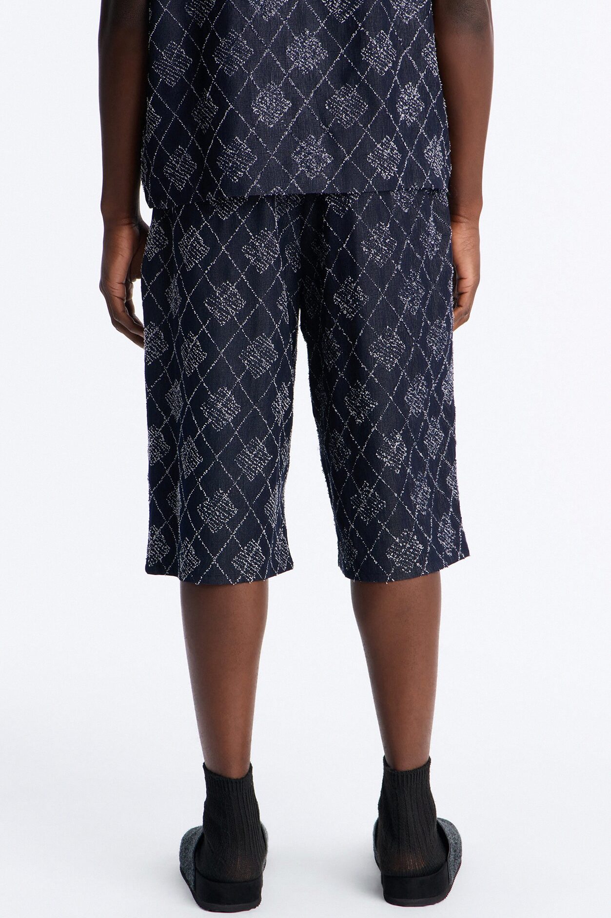 Baggy Diamond Frayed Jacquard Long Short - Navy