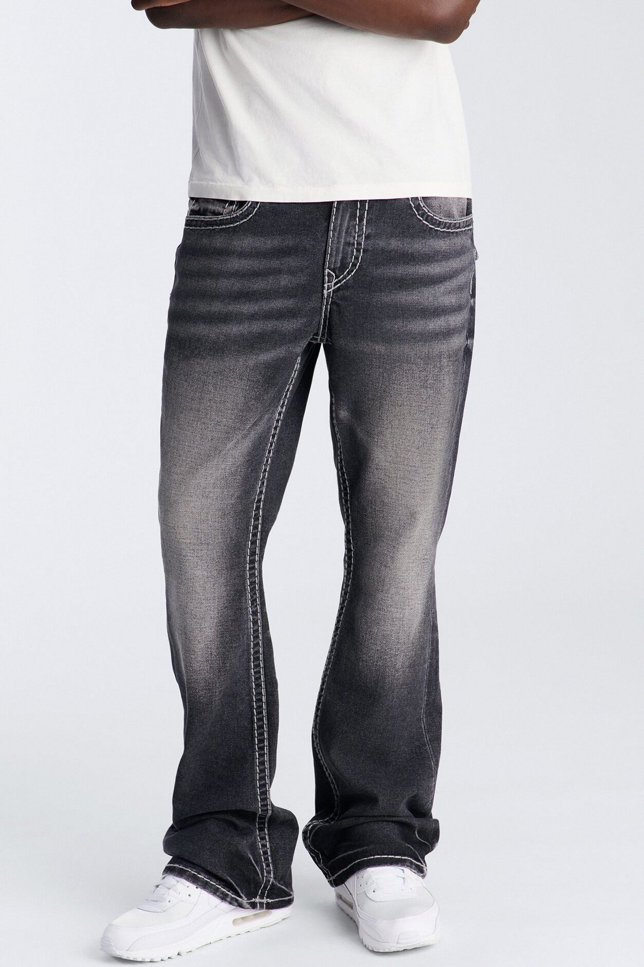 Heavy Stitch Back Flap Stacked Slim Flare Jean - Black Wash