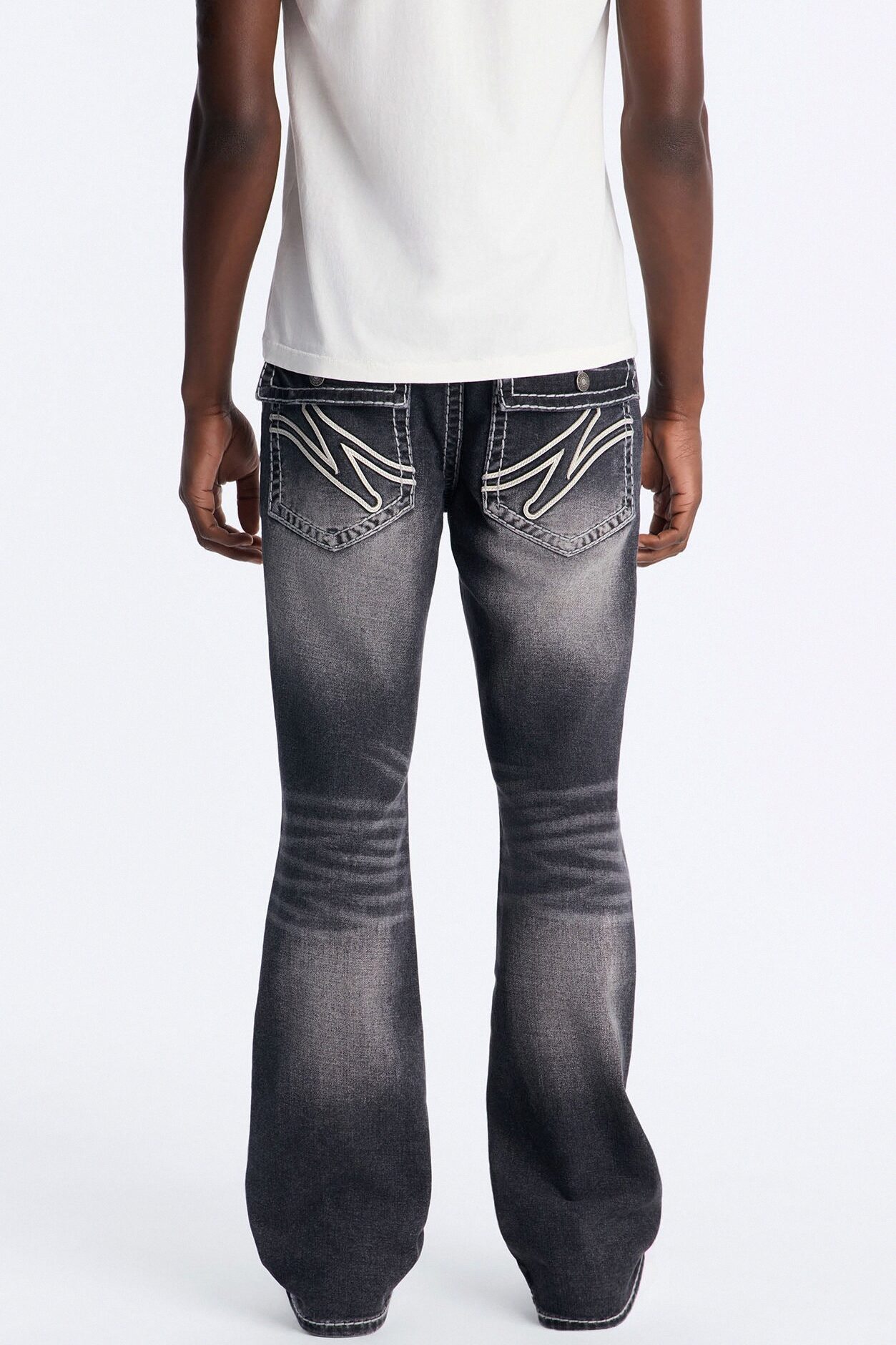 Heavy Stitch Back Flap Stacked Slim Flare Jean - Black Wash