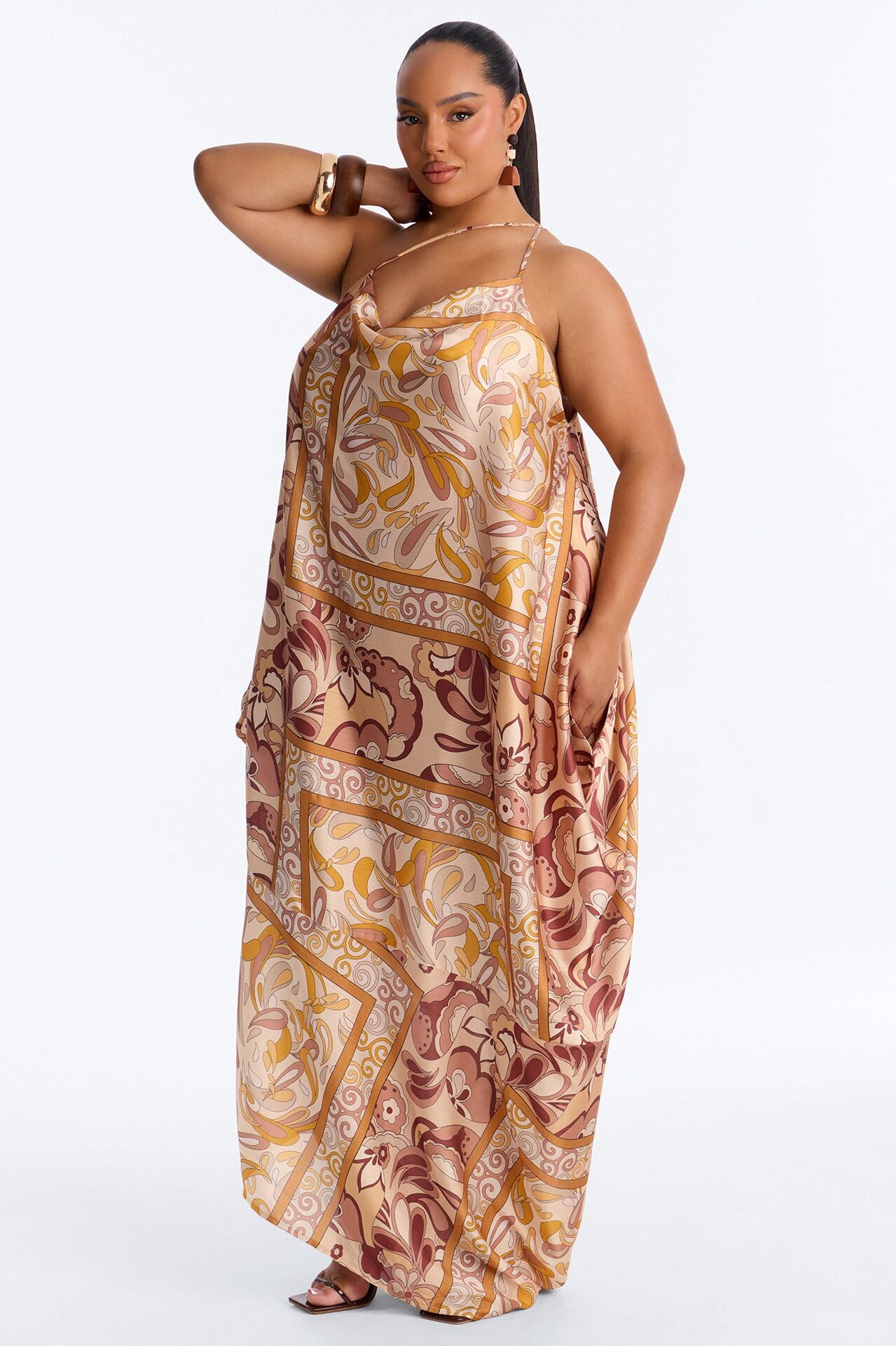 Kaylie Draped Satin Flowy Maxi Dress - Mustard/combo