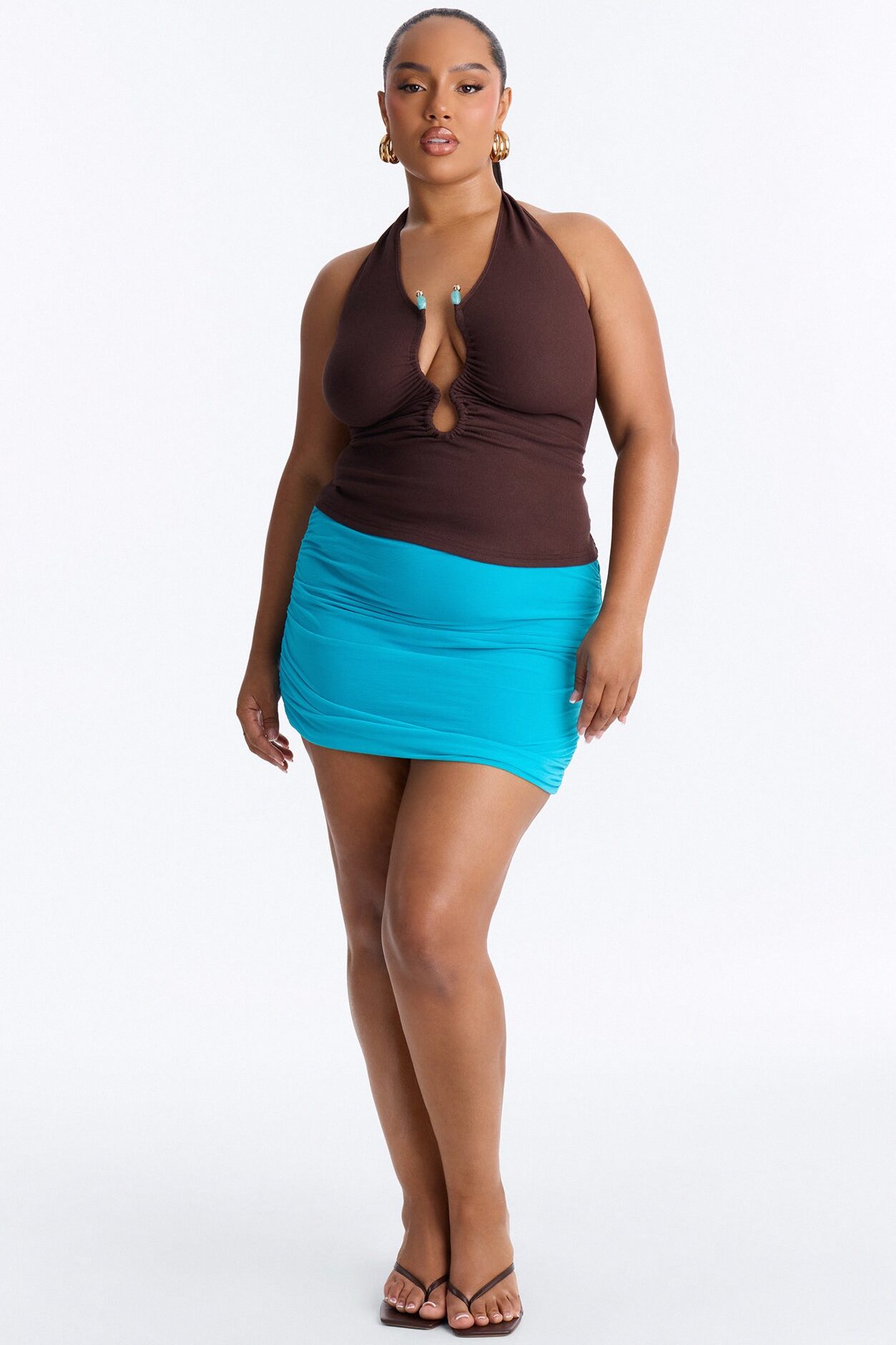 Haley Hardware Ruched Ribbed Halter Top - Chocolate