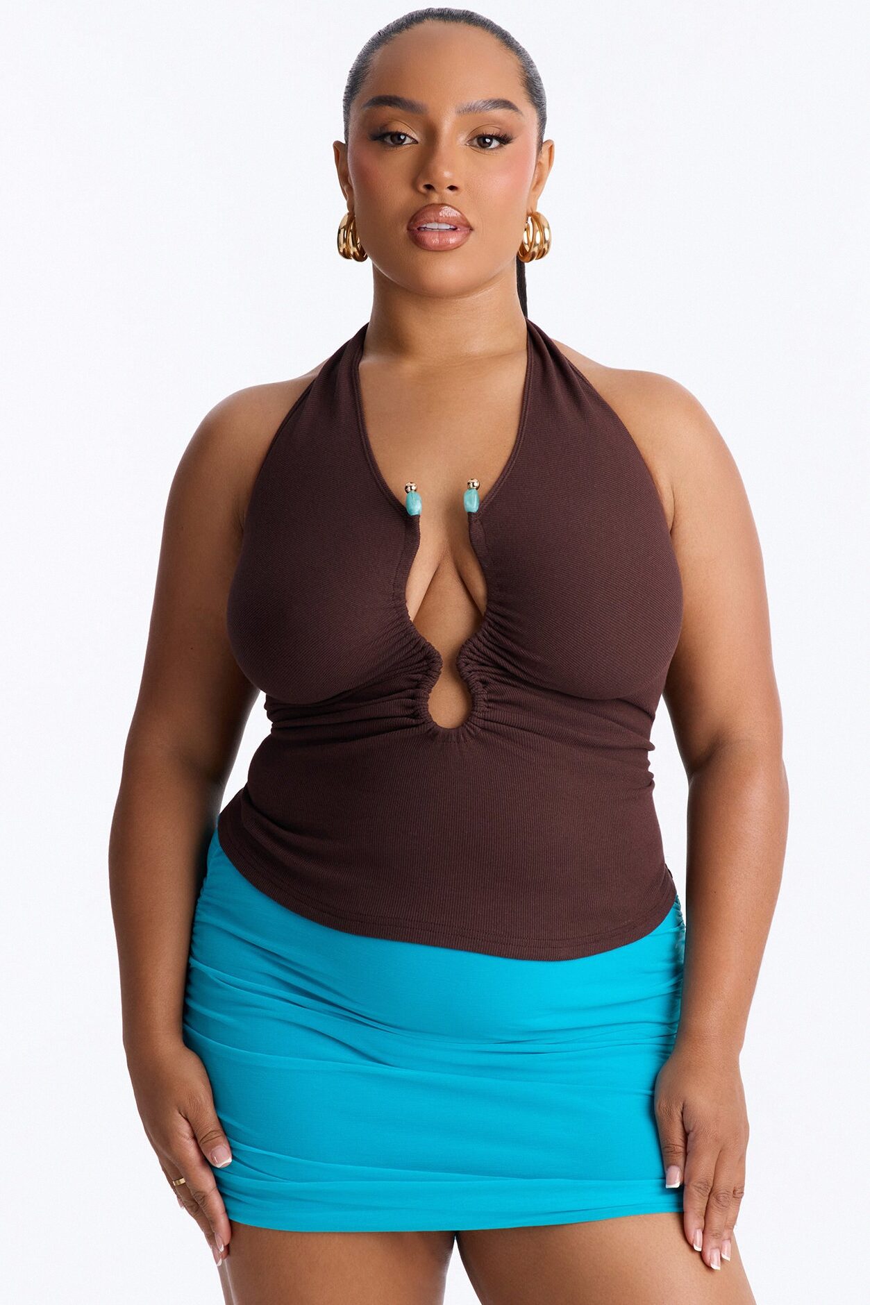 Haley Hardware Ruched Ribbed Halter Top - Chocolate