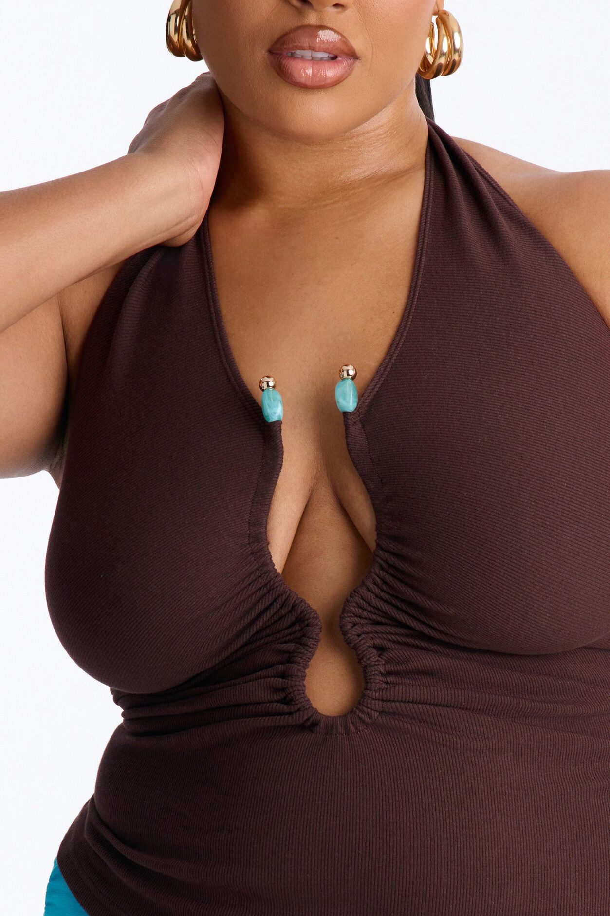 Haley Hardware Ruched Ribbed Halter Top - Chocolate