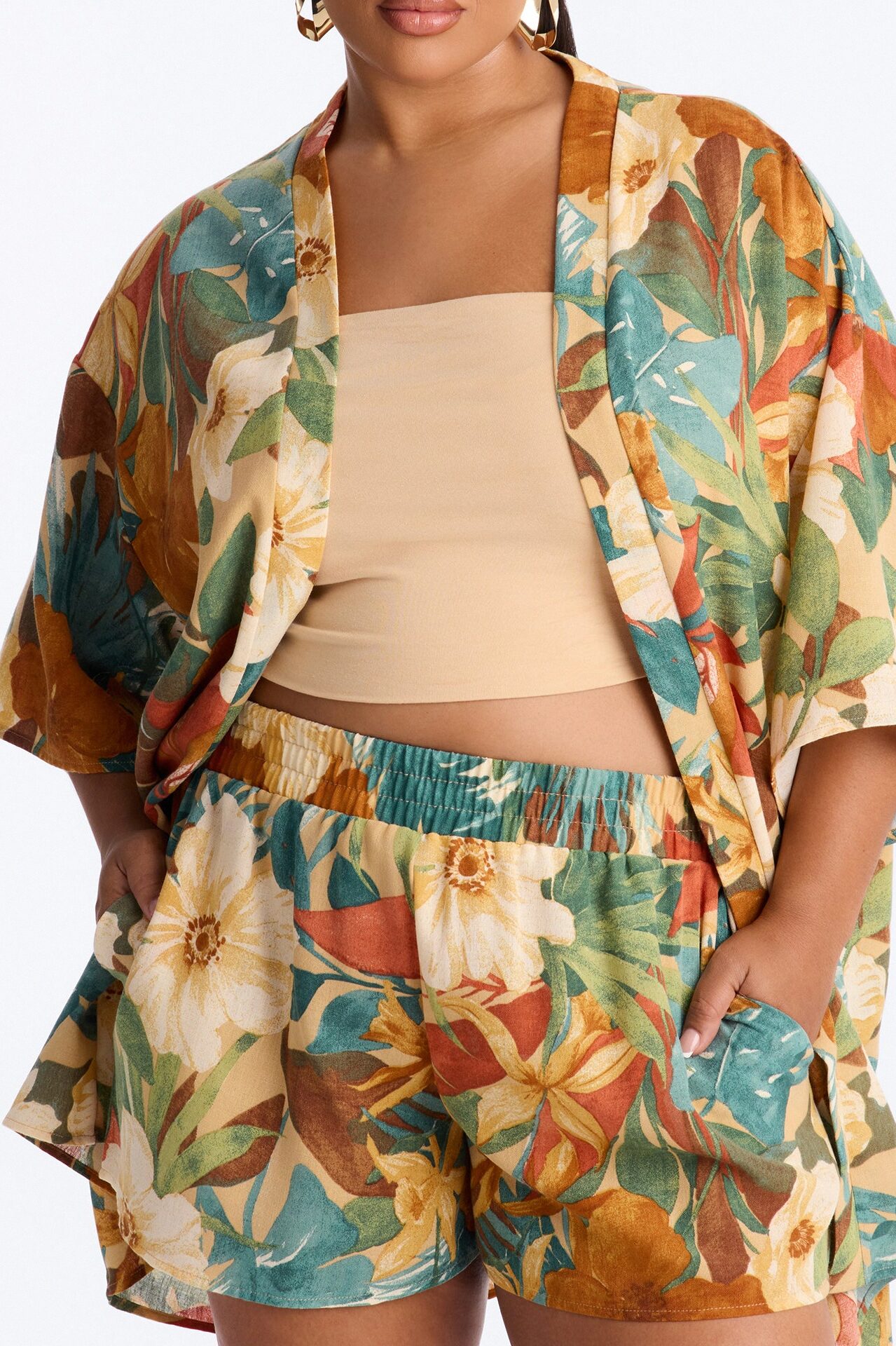 Relax & Renew Floral Linen Short Set - Green/combo