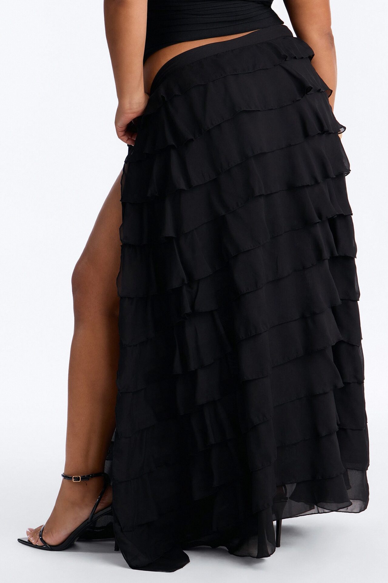 Alyssa Low Rise Tie Waist Ruffle Maxi Skirt - Black