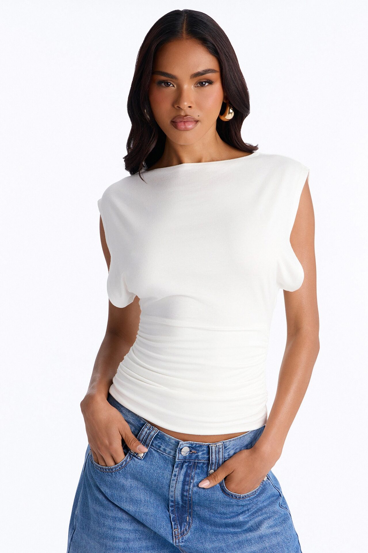 Kylie Ruched Short Sleeve Top - Off White