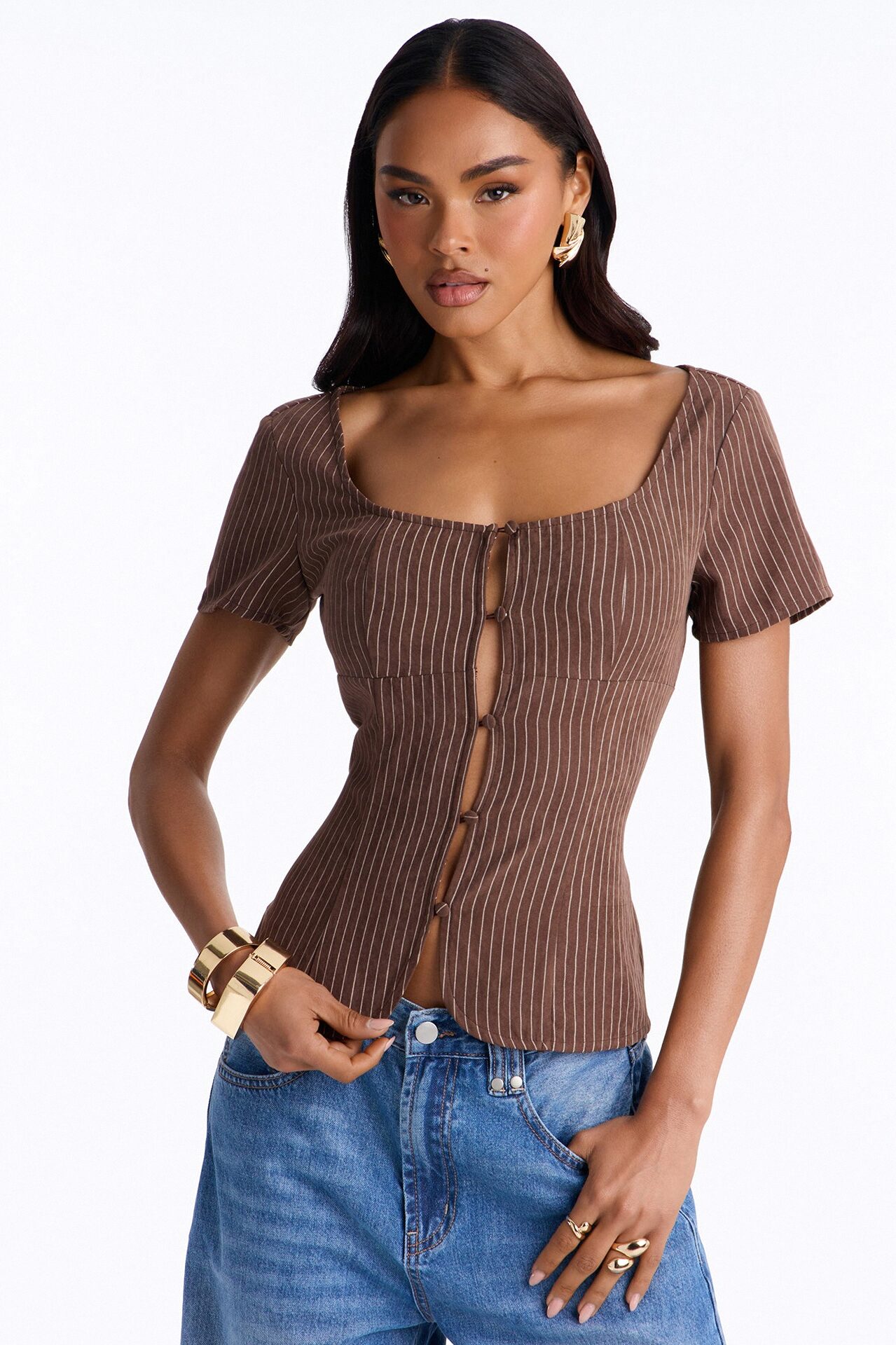 Arlette Poplin Button Up Short Sleeve Top - Brown/combo
