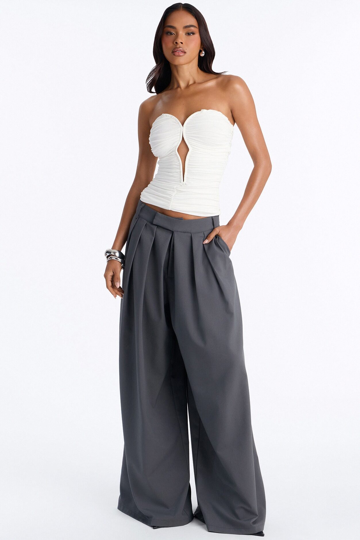 The Kayne Pleated Crossover Wide Leg Pant - Grey