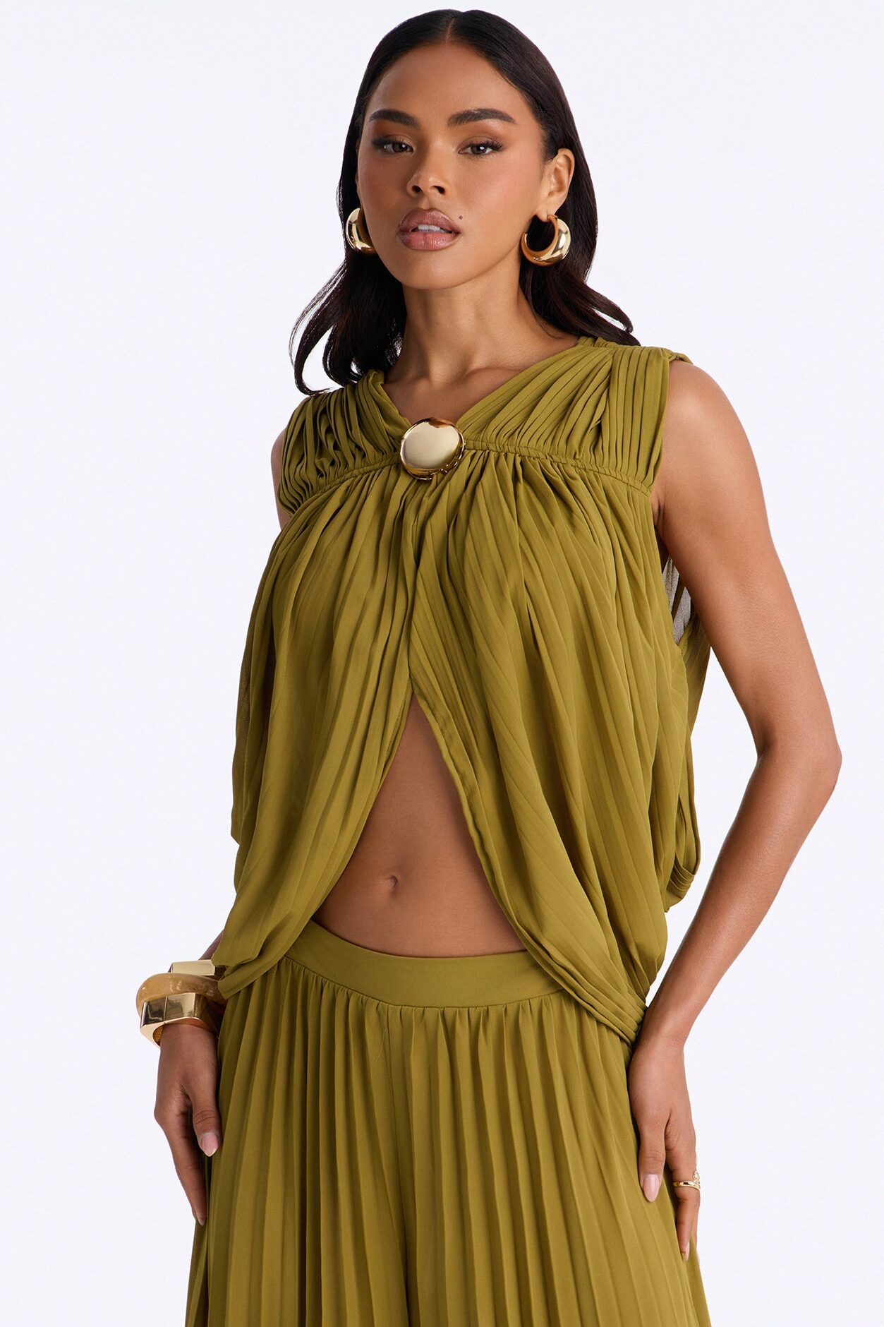Camellia Pleated Pant Set - Olive