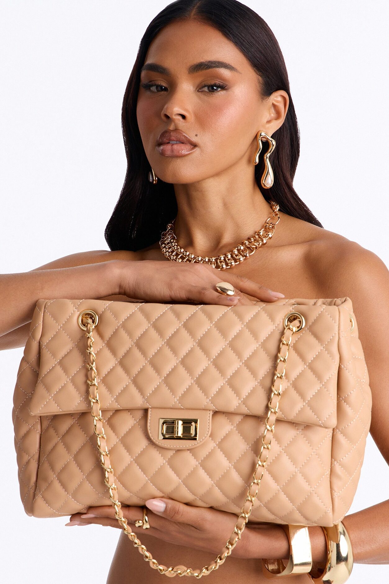 Larger Than Life Faux Leather Tote Bag - Tan