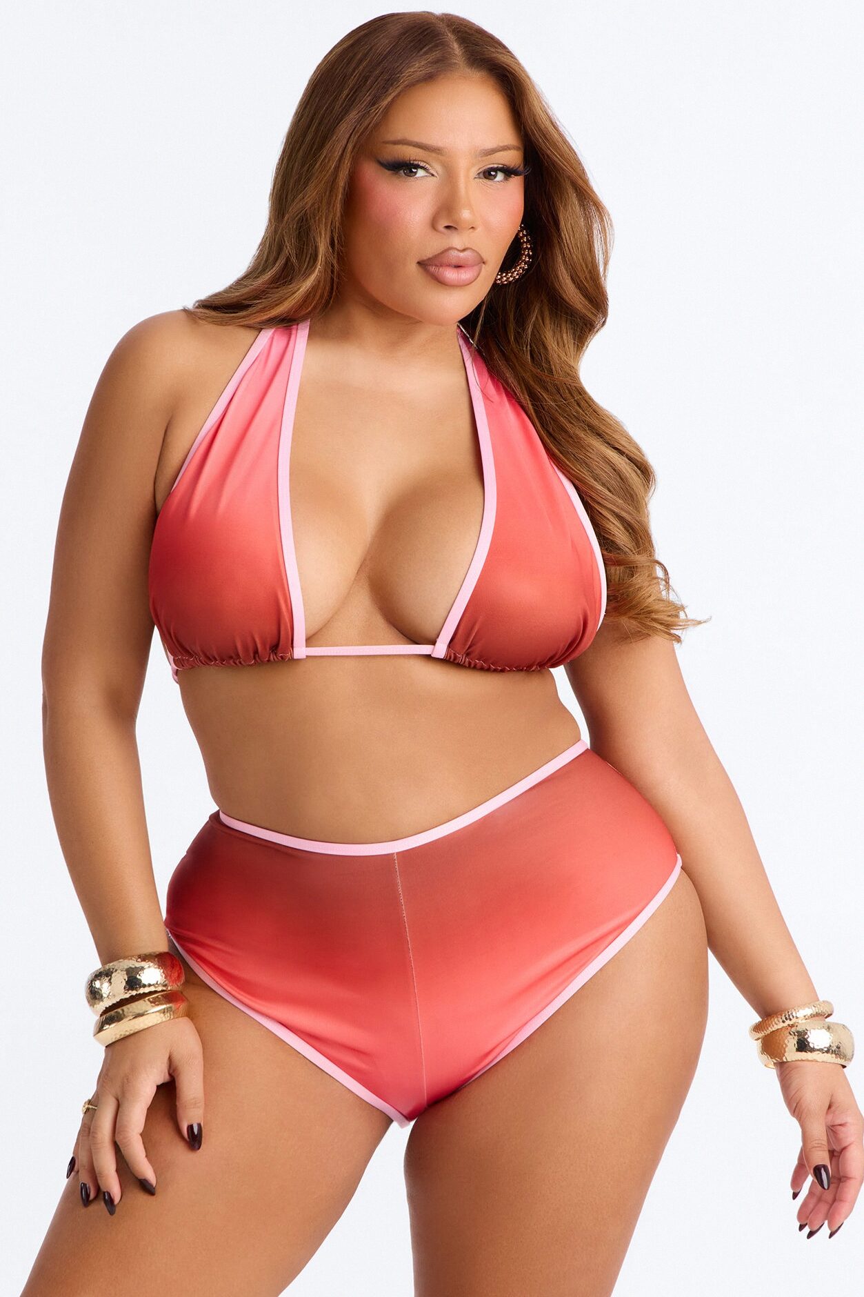 Maeve 2 Piece Ombre Triangle Bikini & Boyshort Bottom Set - Red/combo