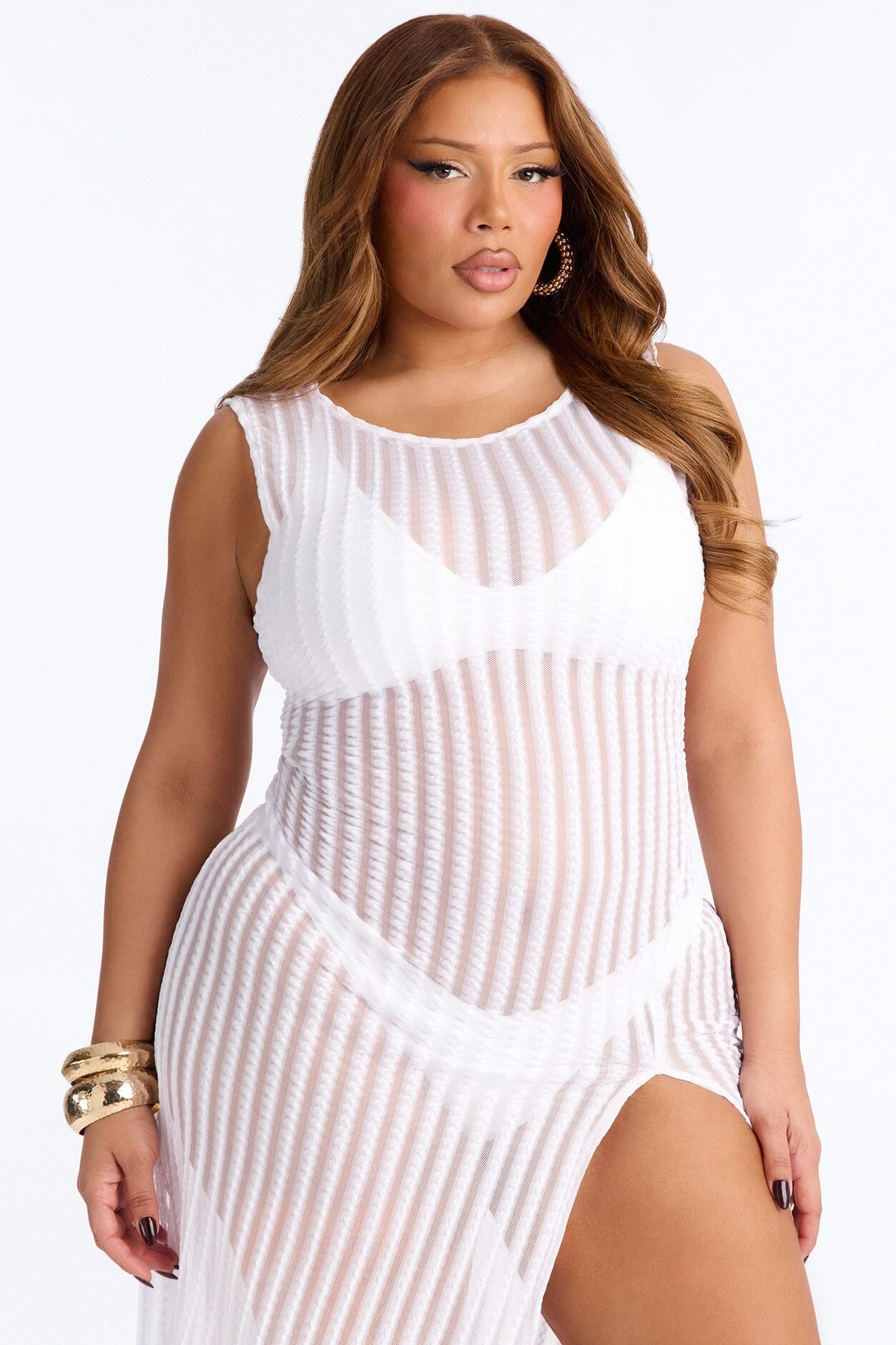 Island Breeze Mesh Slit Cover Up Maxi Dress - White