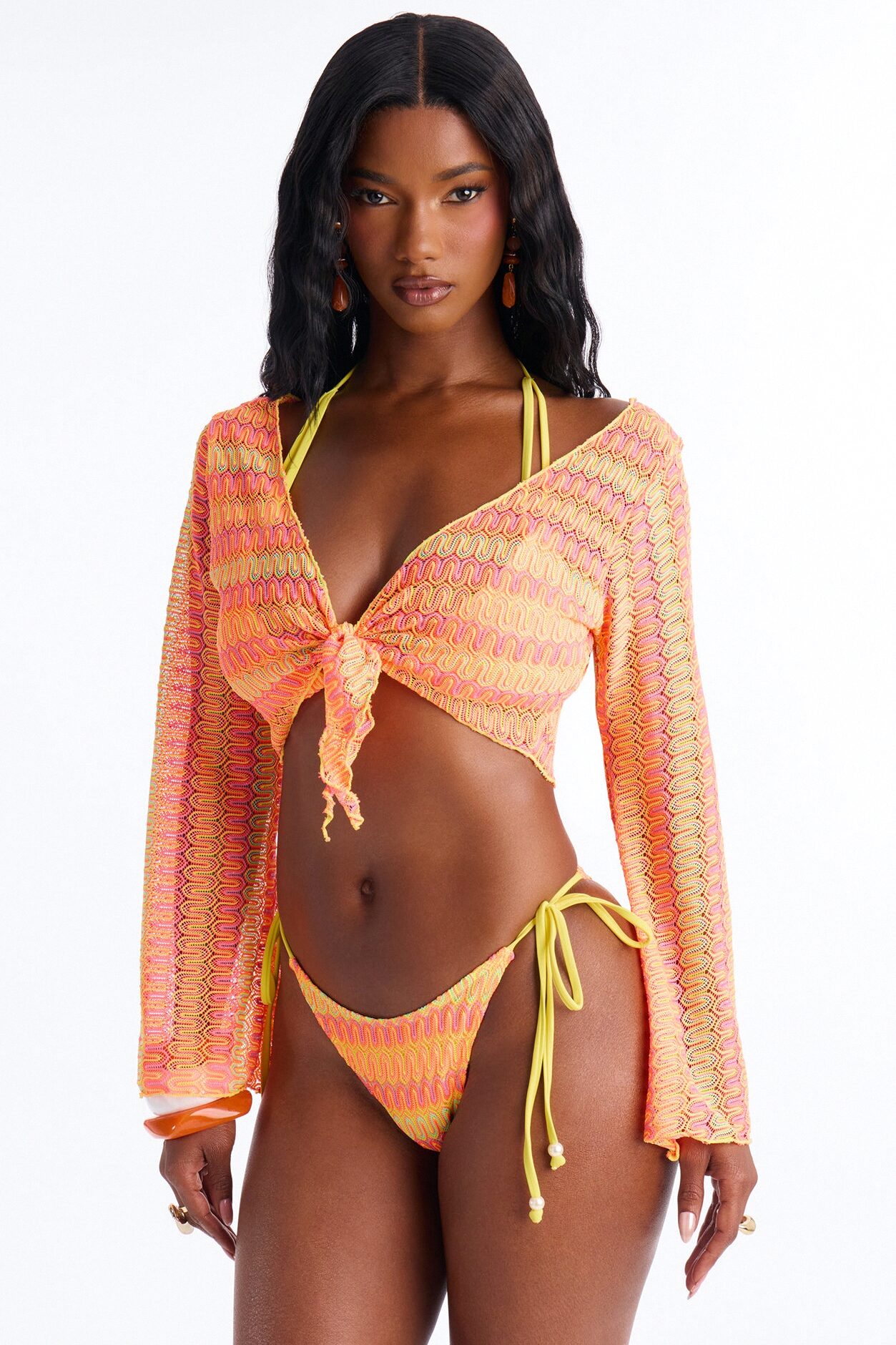 Euro Summer 3 Piece Triangle Bikini & Cover Up Tie Top Sunsuit - Orange/combo