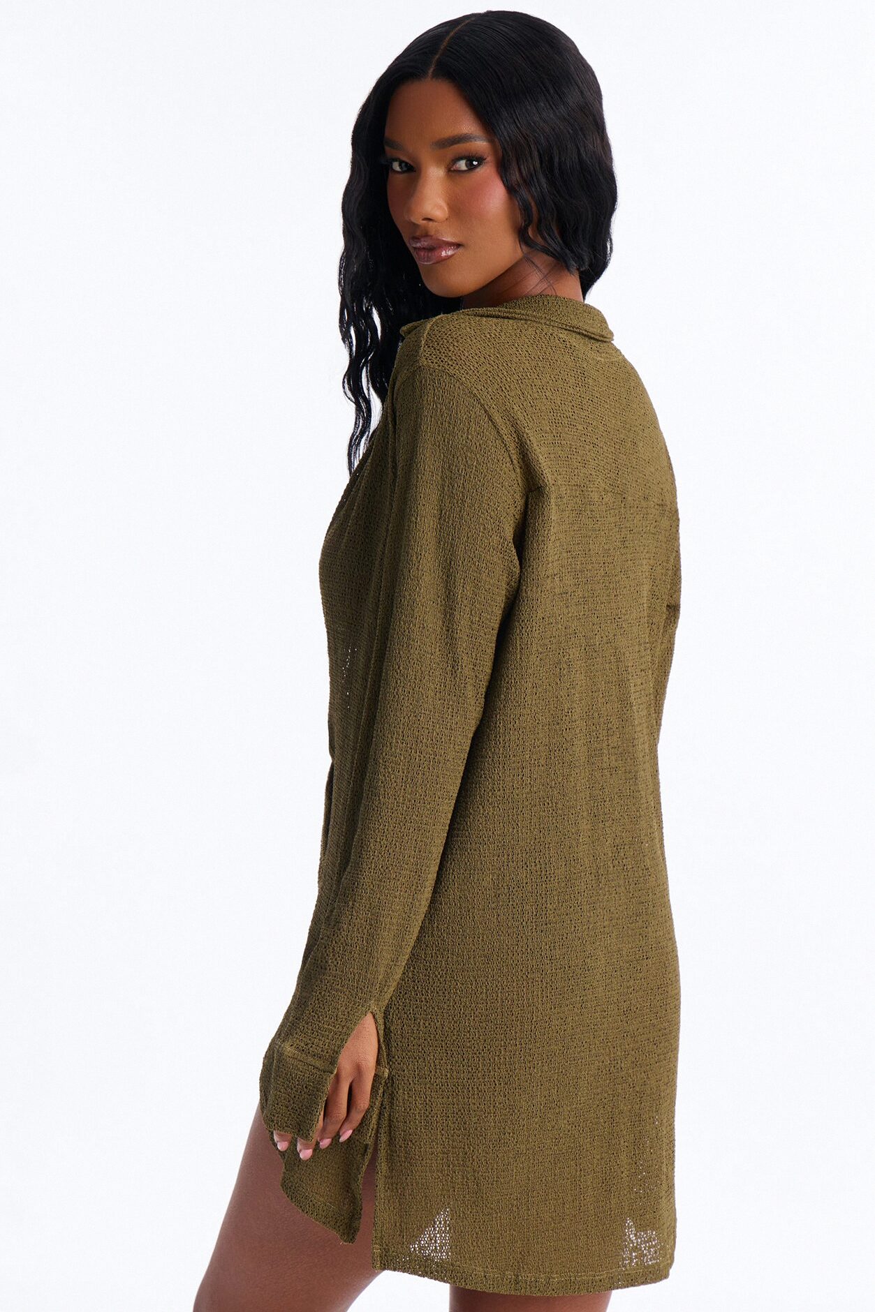 Ocean Breeze Knit Knotted Cover Up Dress - Olive