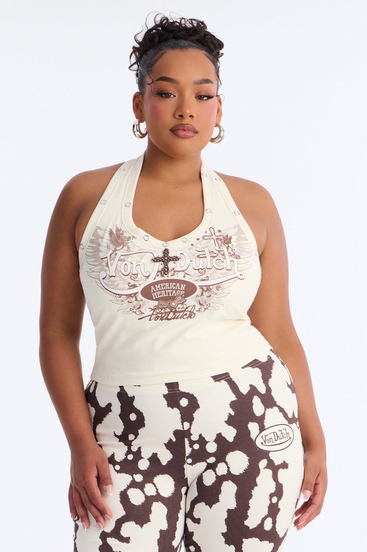 Von Dutch Giddy Up Halter Top - Ivory/combo
