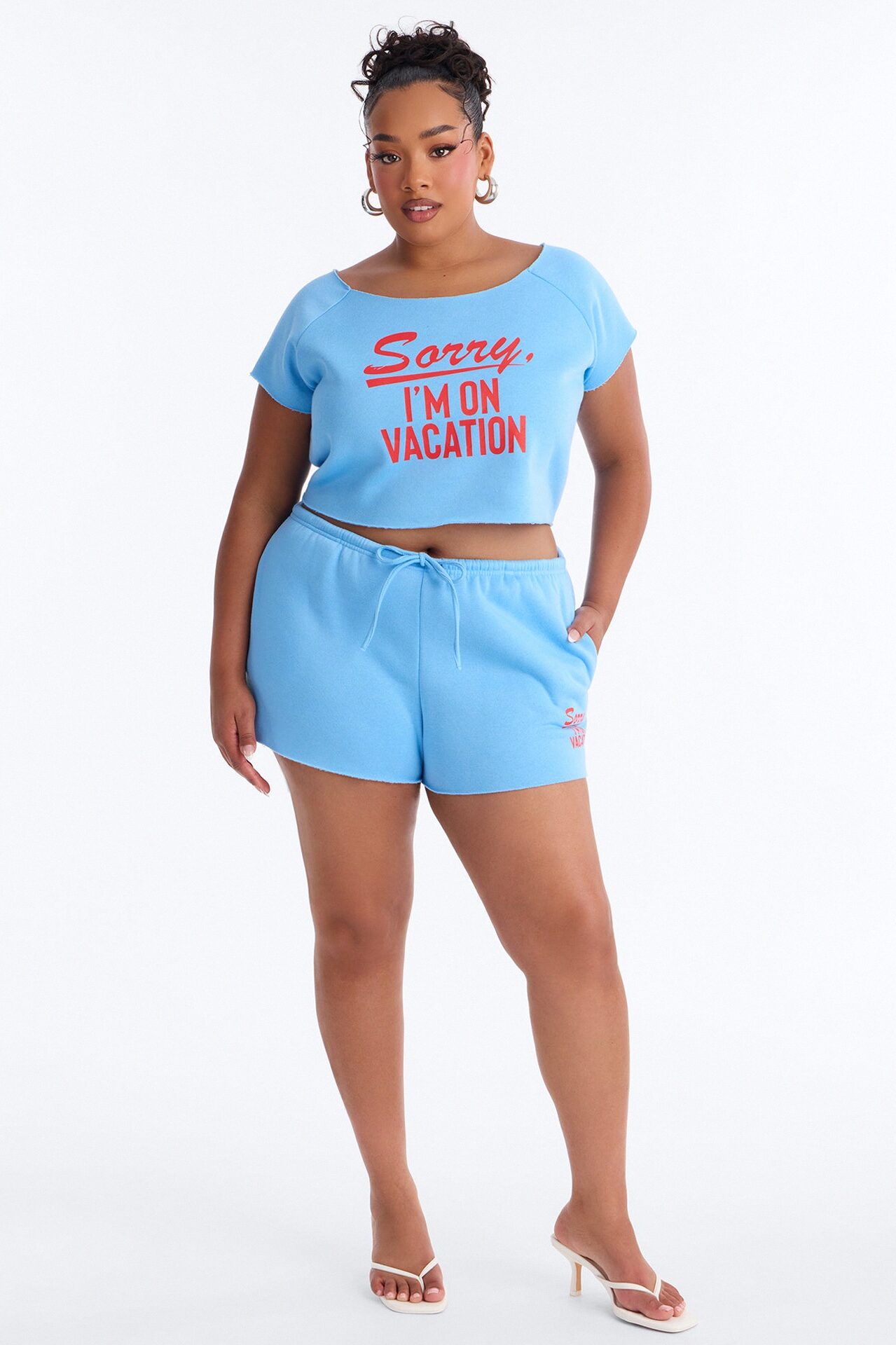 Sorry Vacation Off Shoulder Washed Cropped Tee - Blue