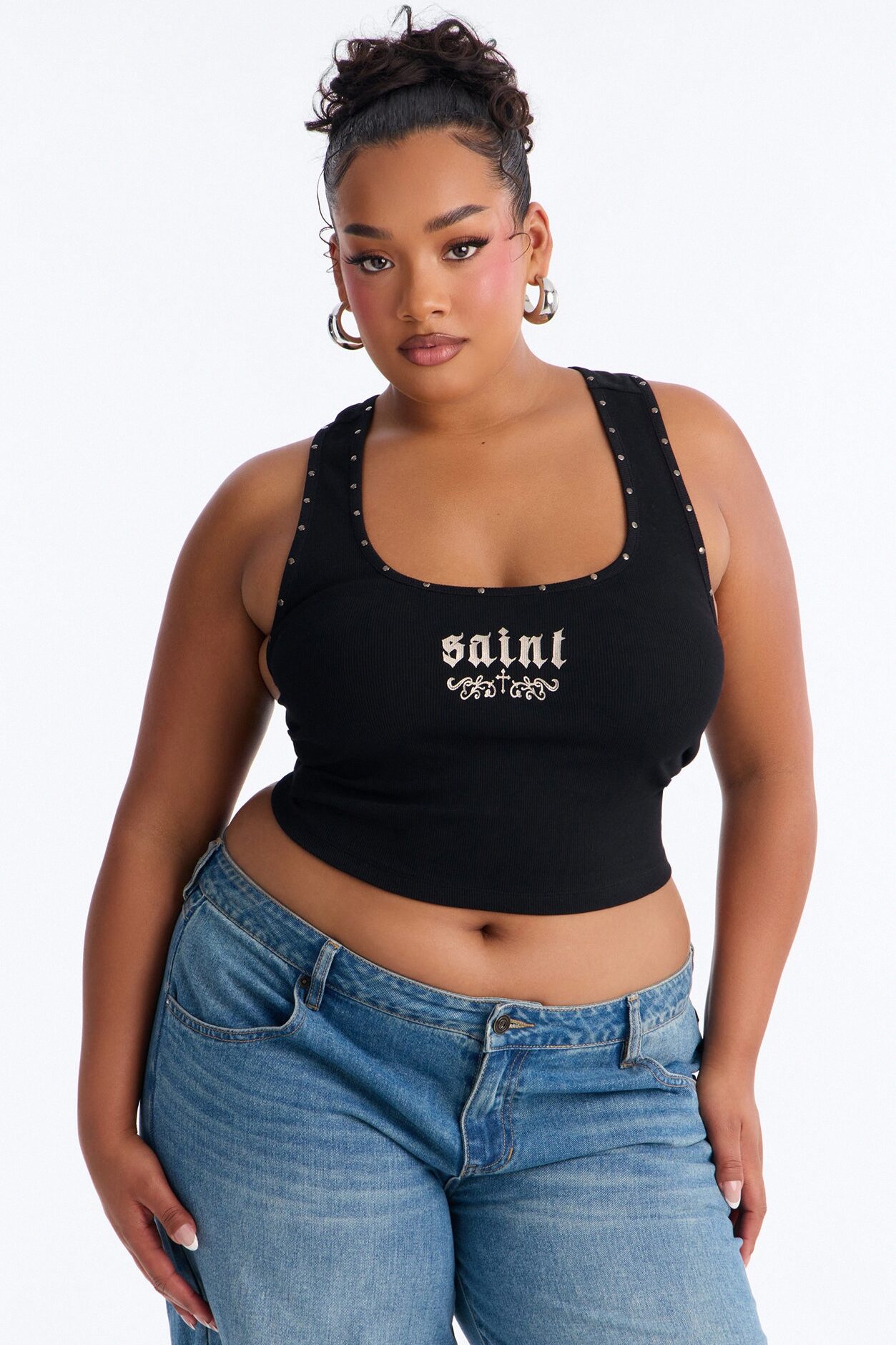 Such A Saint Studded Ribbed Tank Top - Black