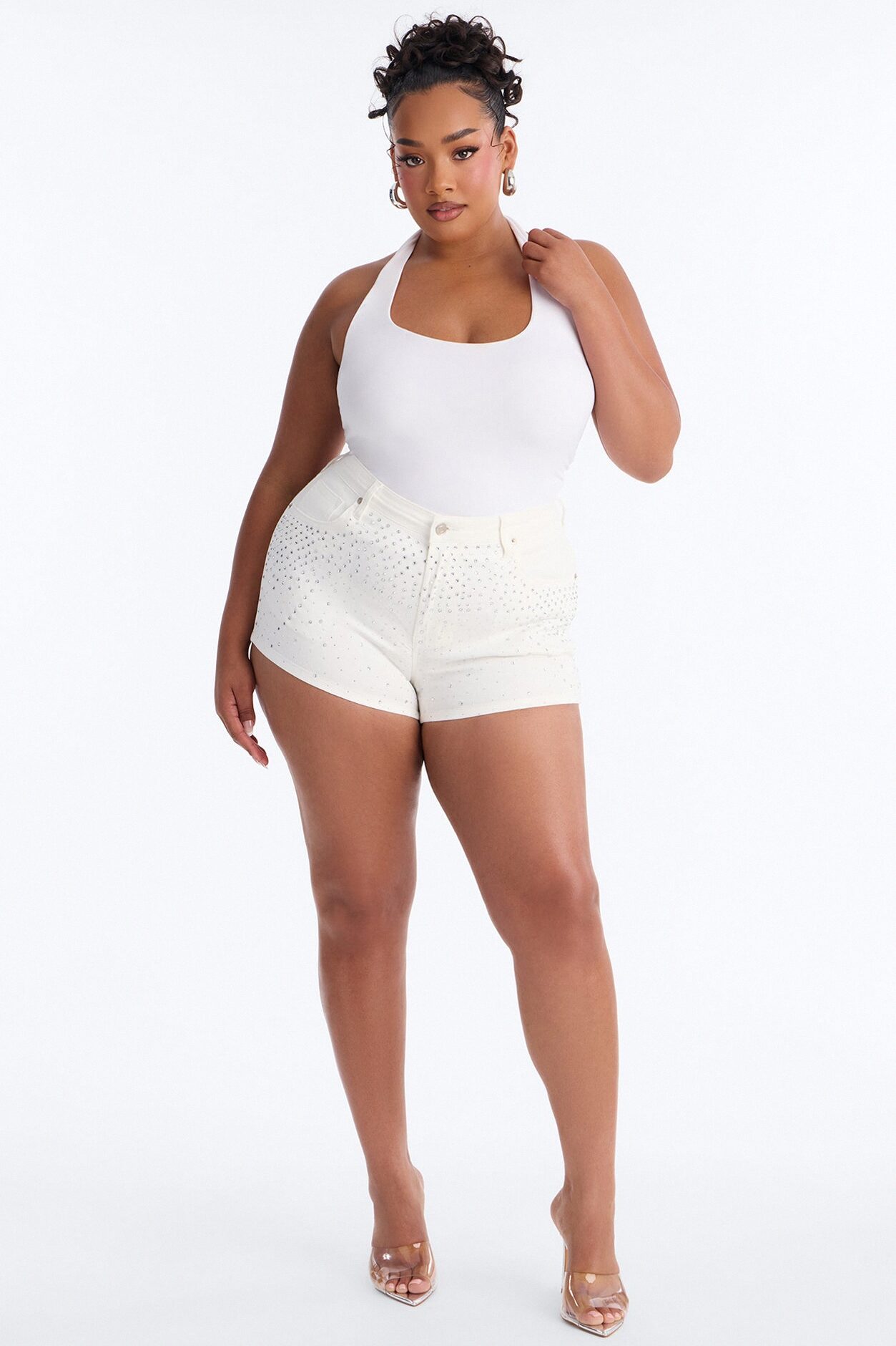 Silver Smoke Embellished Denim Shorts - White