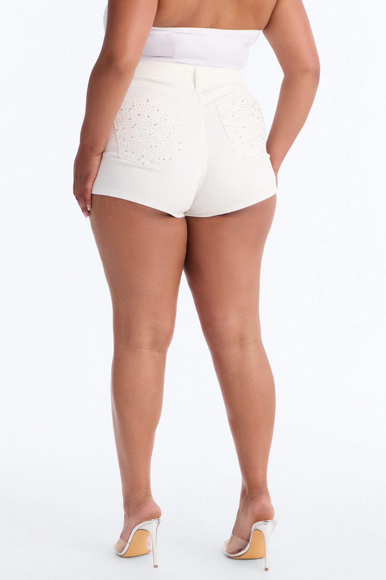 Silver Smoke Embellished Denim Shorts - White