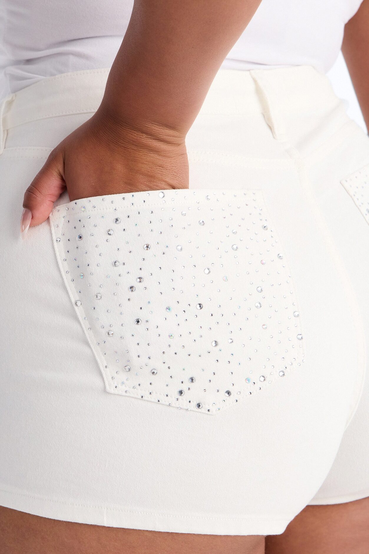Silver Smoke Embellished Denim Shorts - White