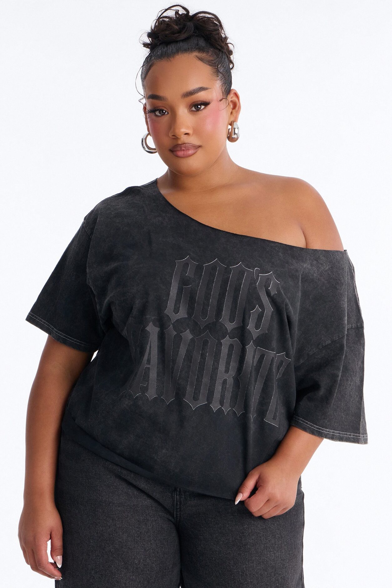 God's Favorite Washed Off Shoulder Tee - Charcoal