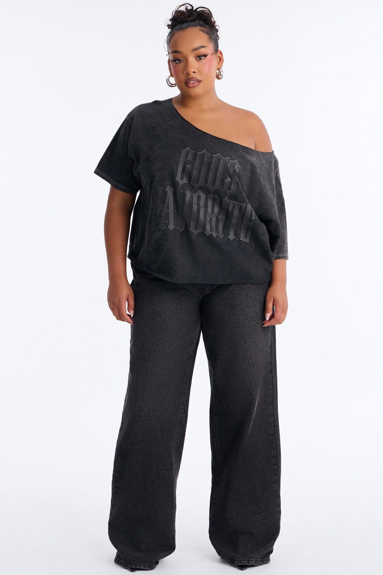 God's Favorite Washed Off Shoulder Tee - Charcoal