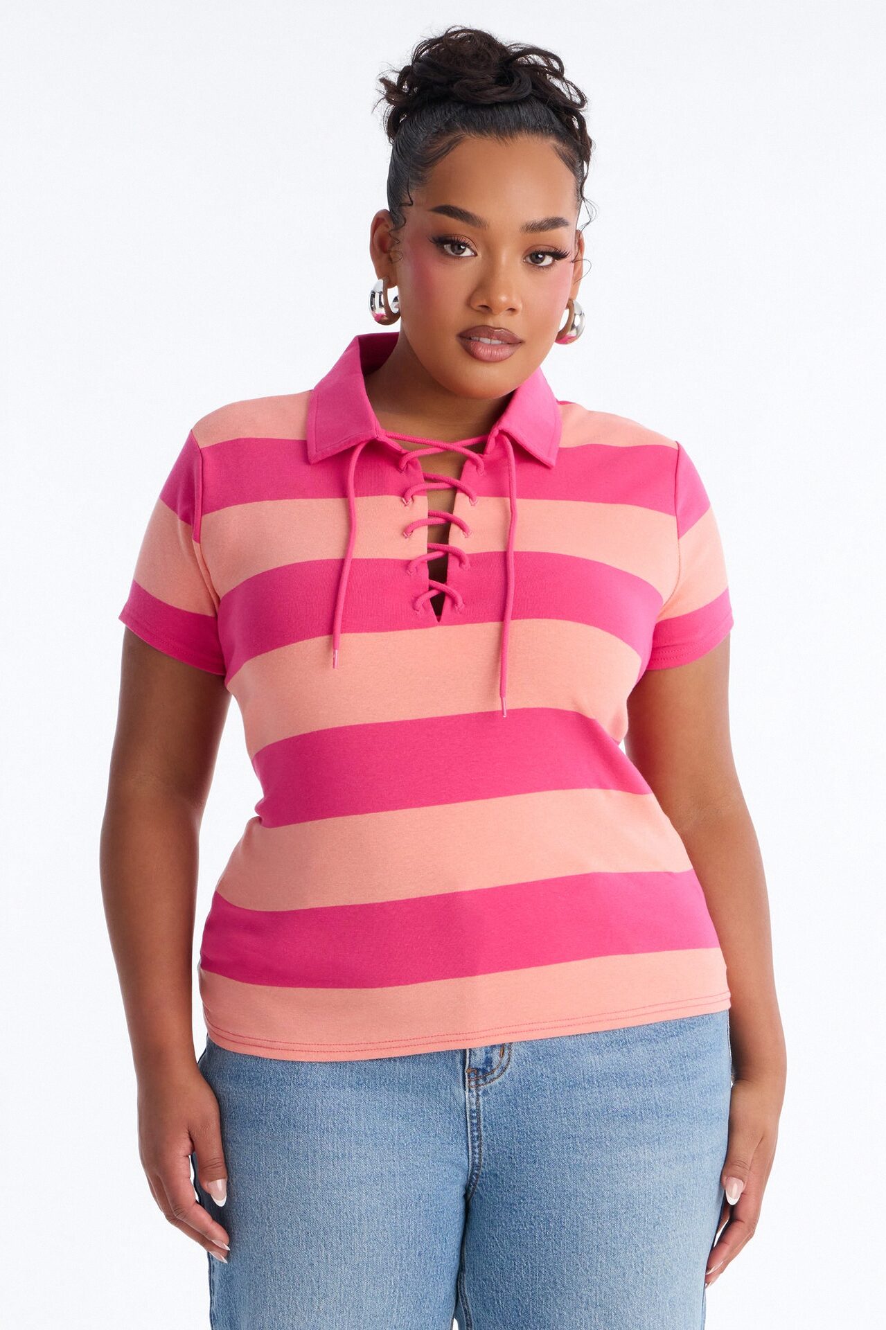 Khai Striped Lace Up Short Sleeve Polo Top - Orange/combo