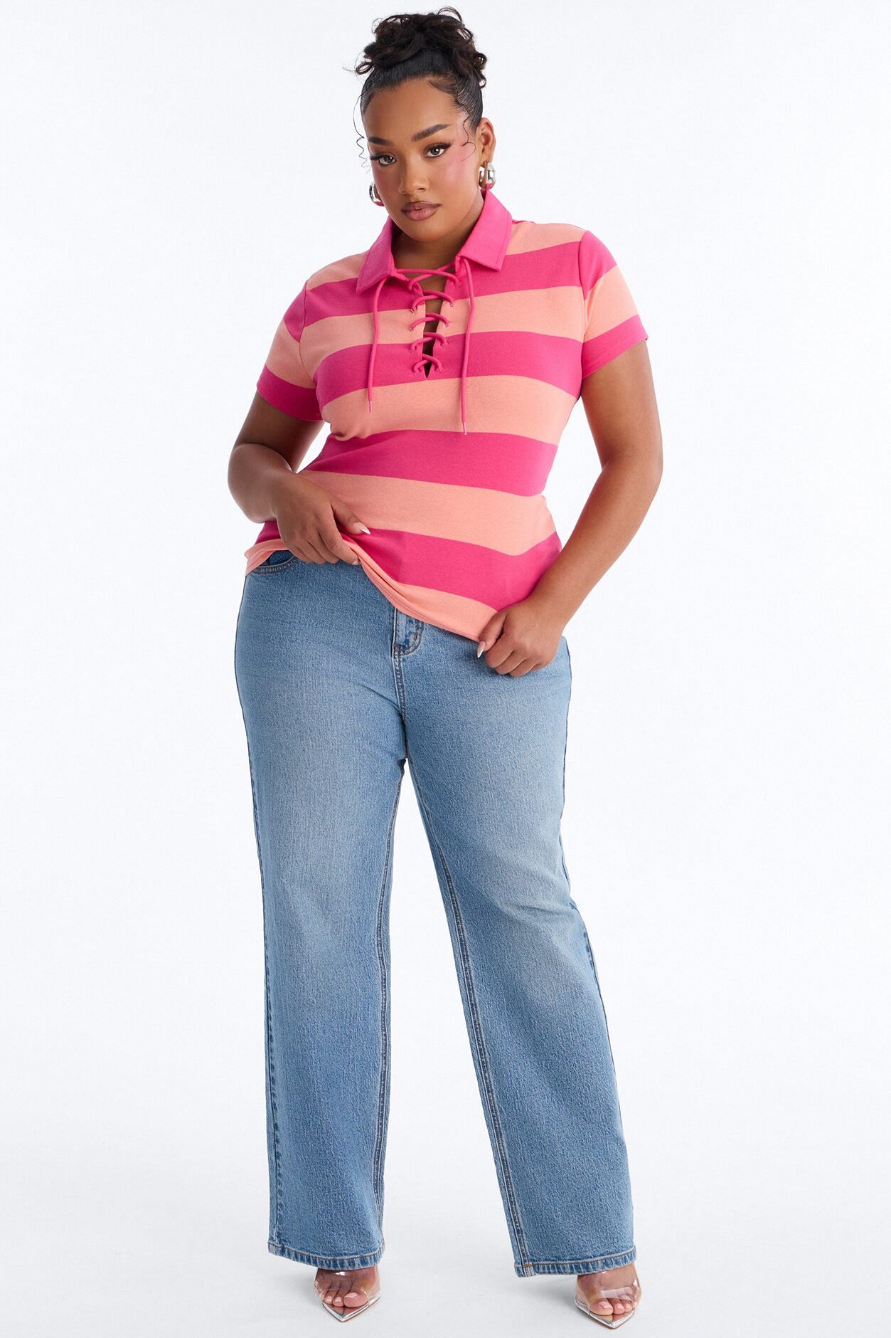 Khai Striped Lace Up Short Sleeve Polo Top - Orange/combo