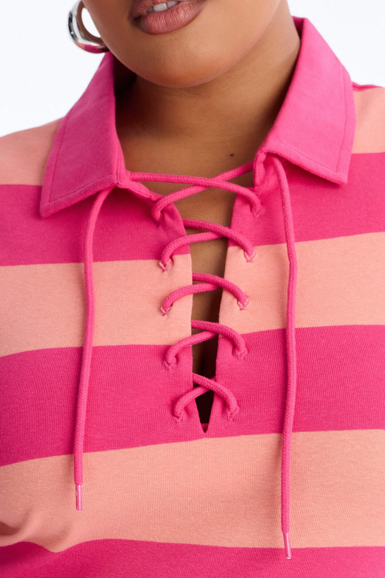 Khai Striped Lace Up Short Sleeve Polo Top - Orange/combo