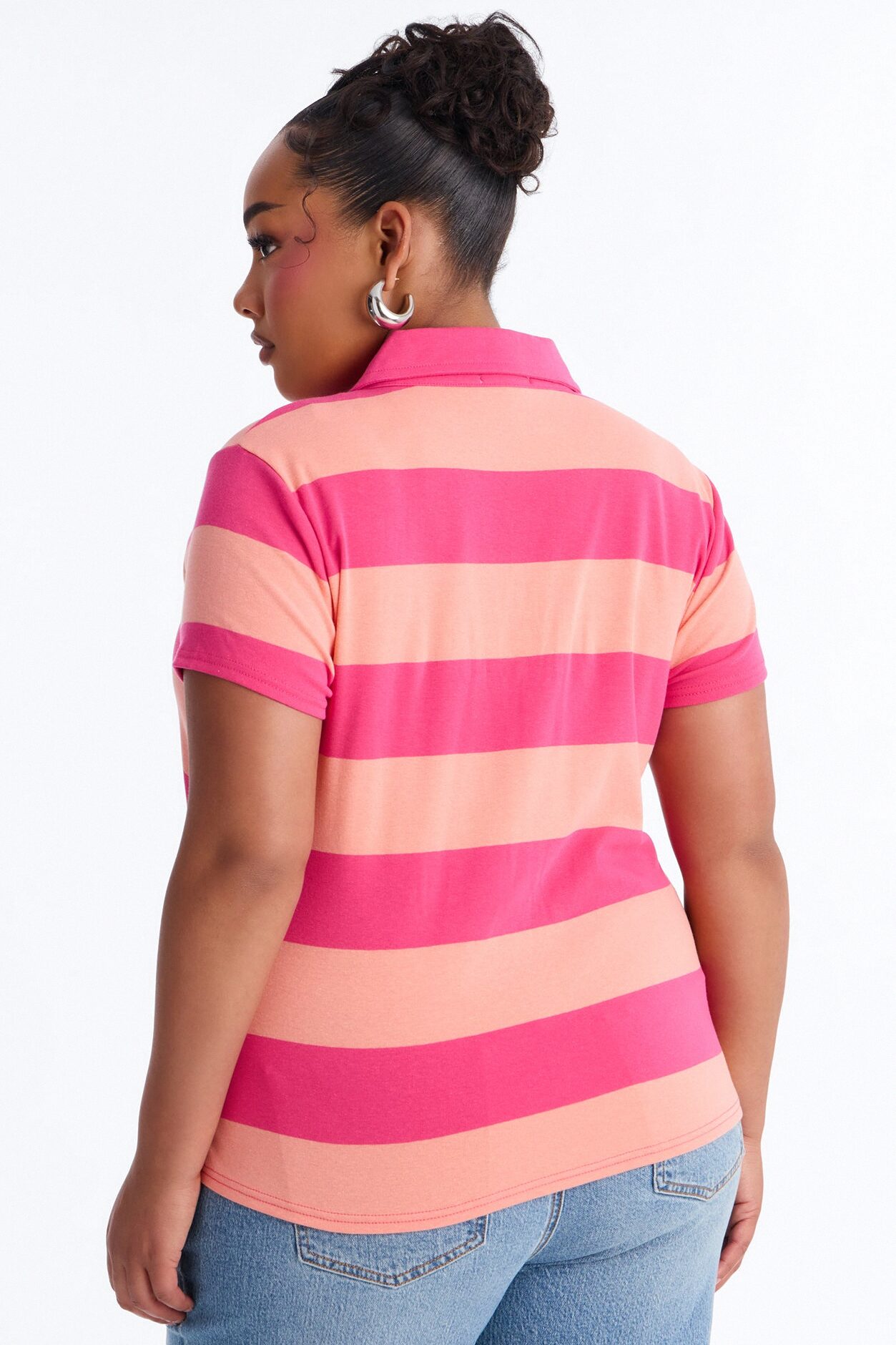 Khai Striped Lace Up Short Sleeve Polo Top - Orange/combo