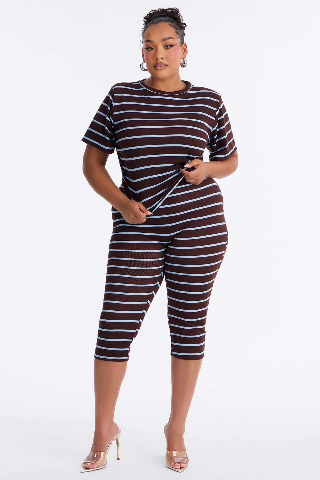 Mia Striped Ribbed Capri Set - Chocolate