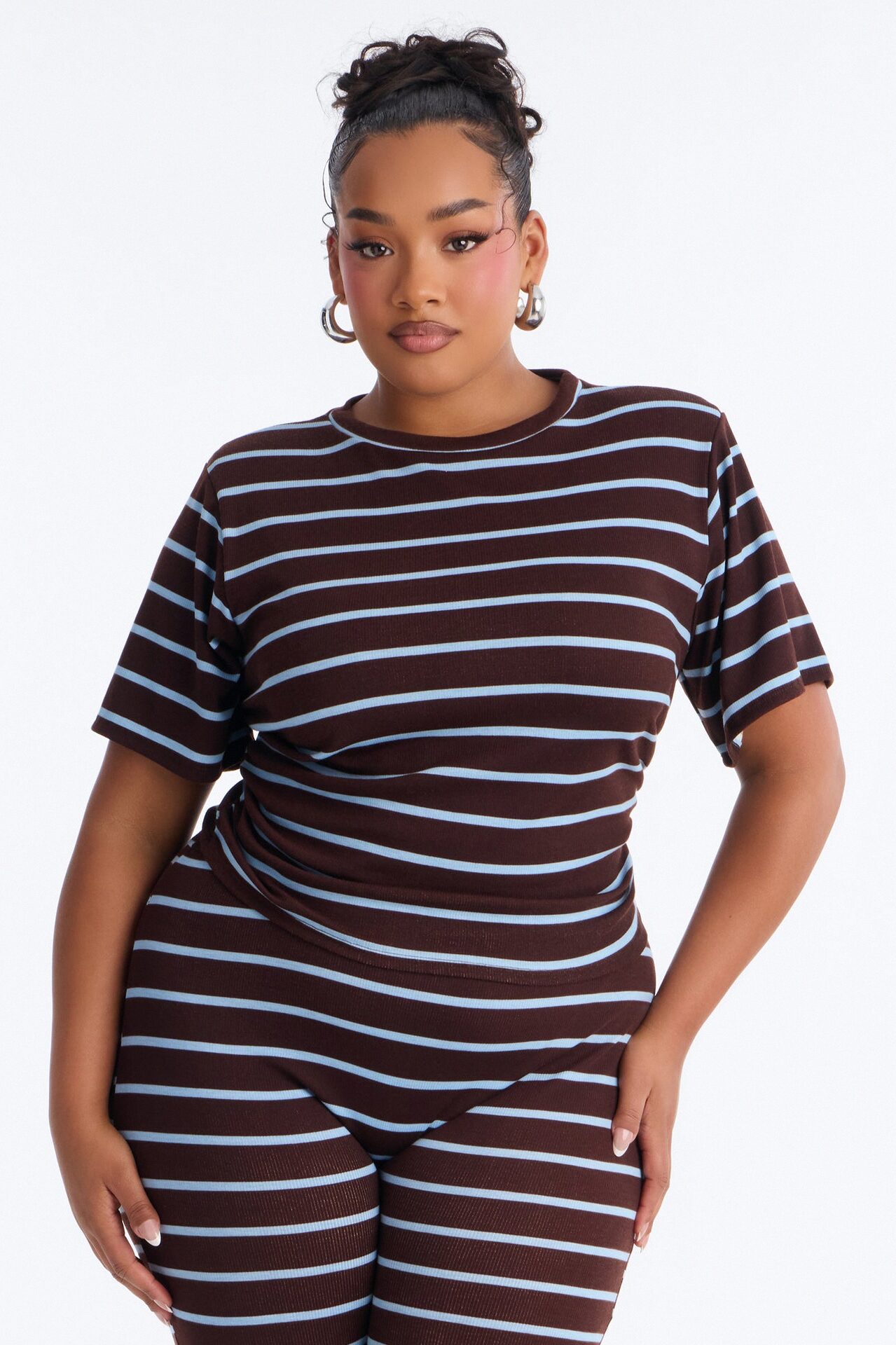Mia Striped Ribbed Capri Set - Chocolate