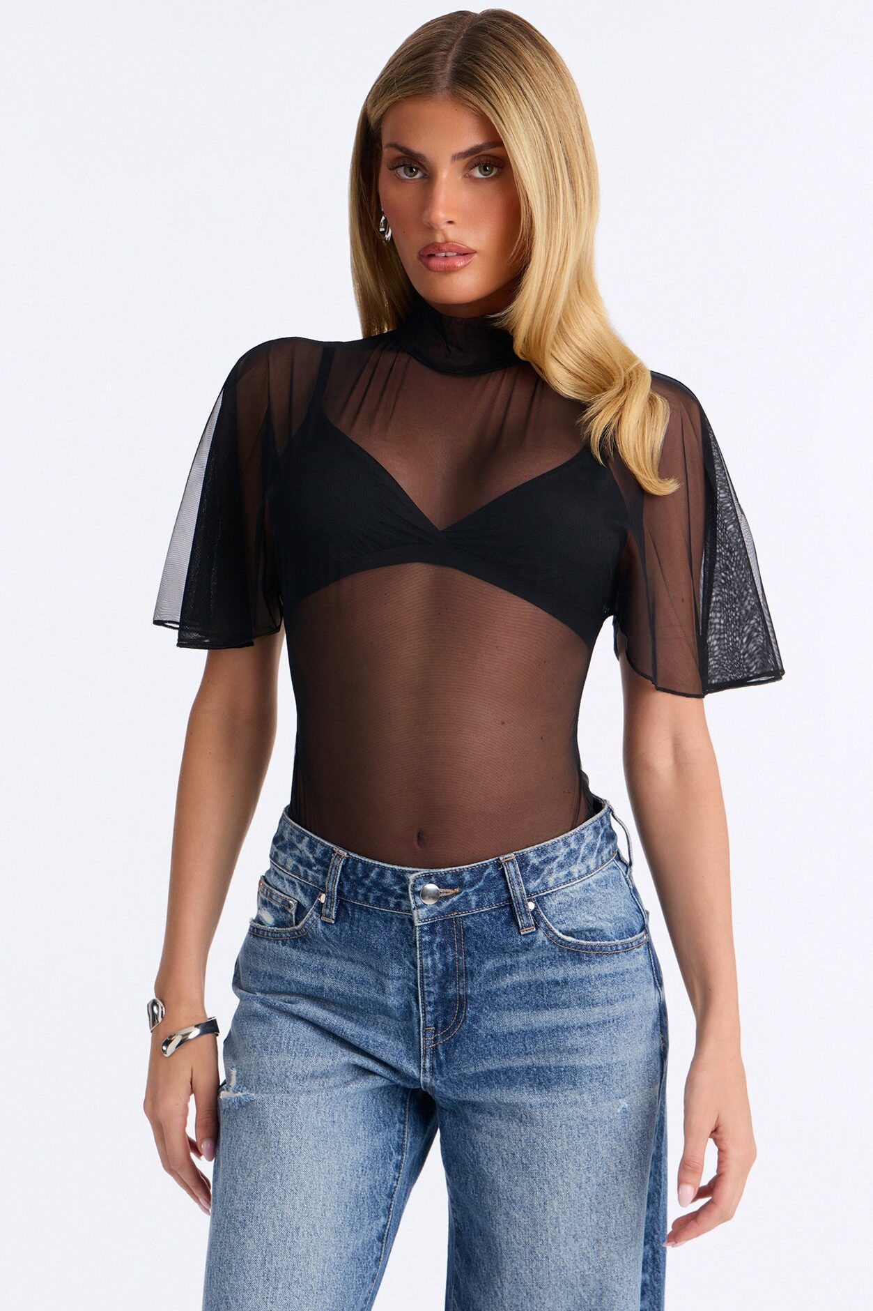 Natalie Mesh Mock Neck Ruffle Sleeve Bodysuit - Black