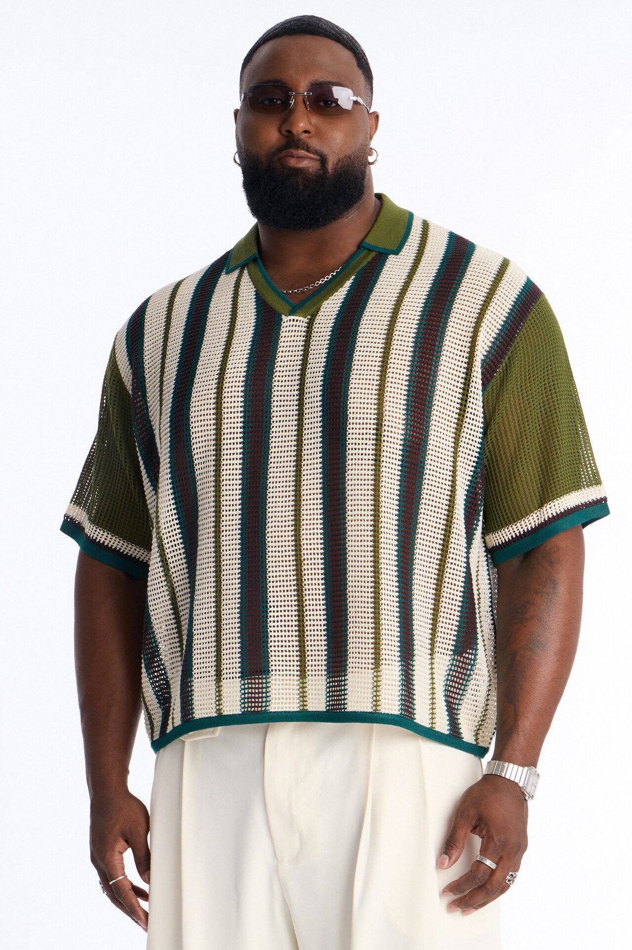 Your Classic Johnny Collar Stripe Polo - Green/combo