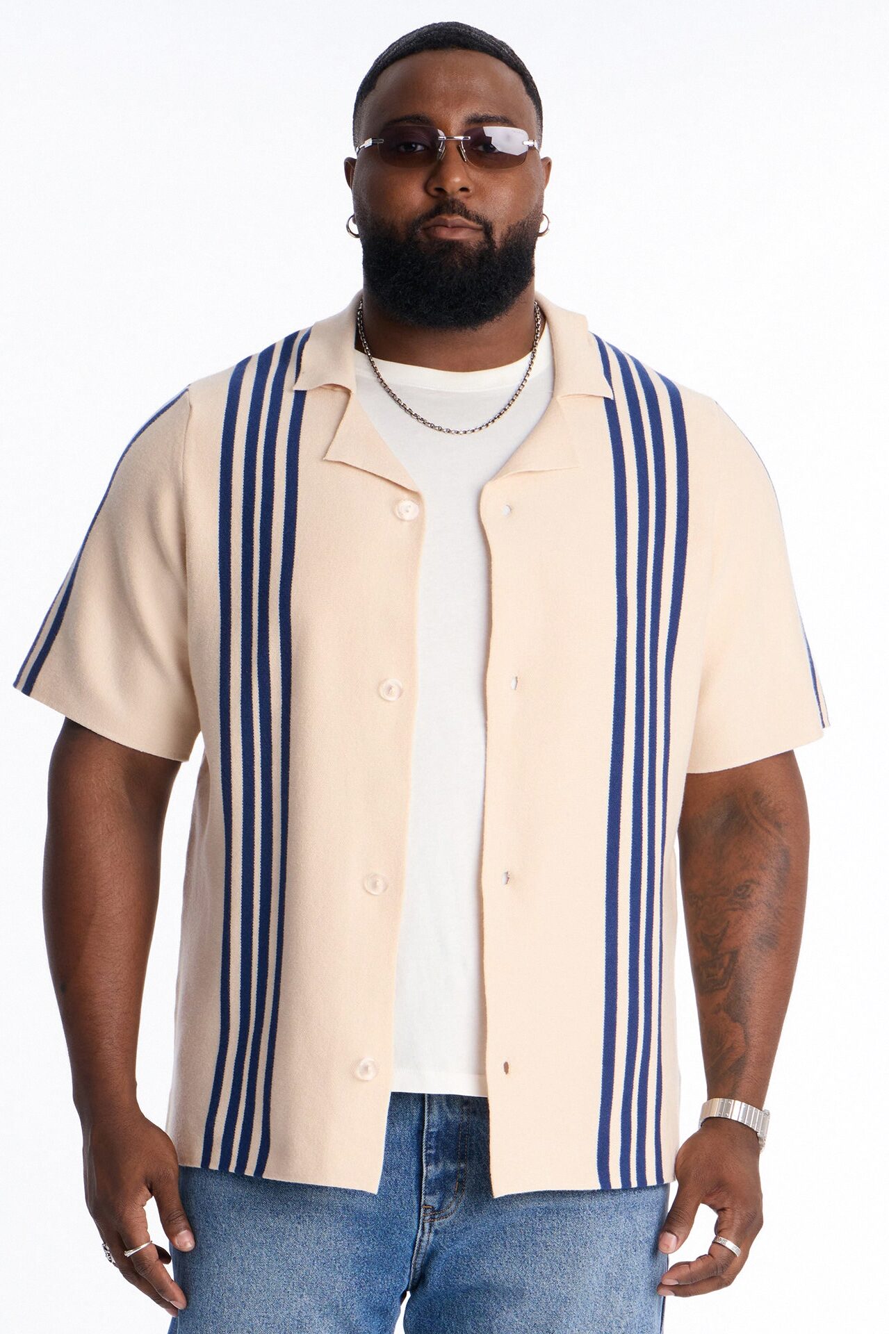 Sunday Jazz Stripe Cuban Collar Button Up Shirt - Cream/combo