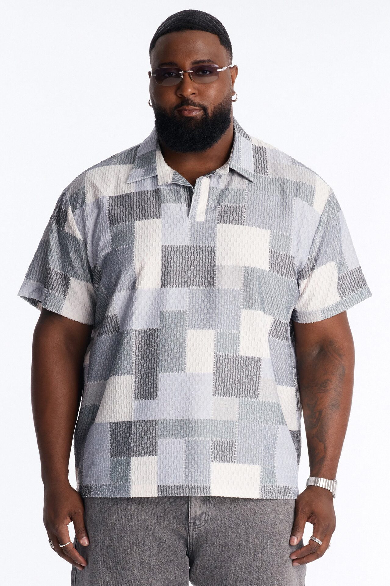 Blueprint Patchwork Johnny Collar Polo - Grey/combo
